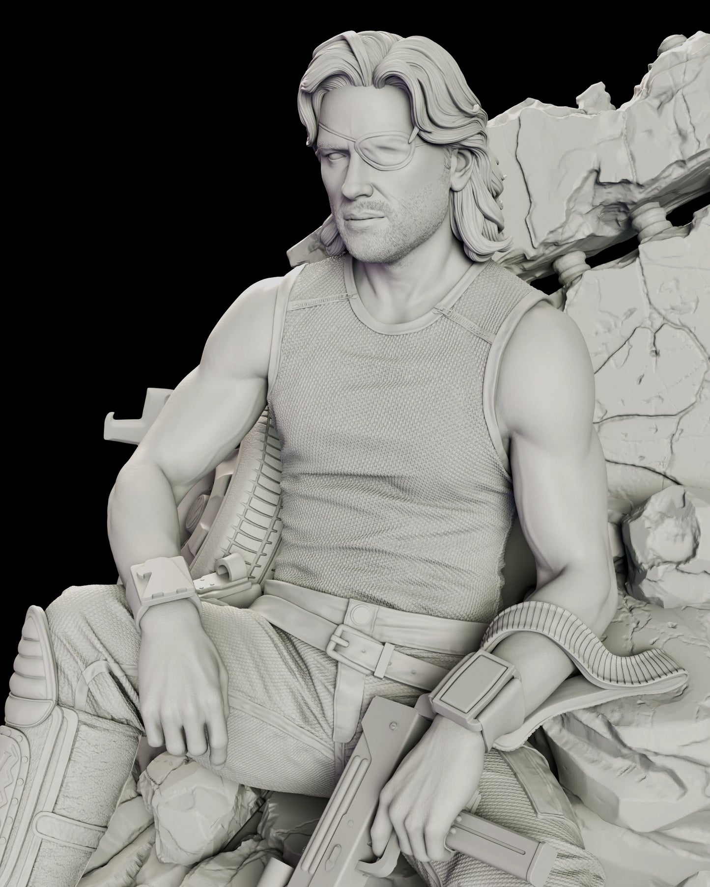 Close detail of the Snake Plissken figure model kit showing the knit sleeveless top, strapped wrist unit and the eyepatch across his brow