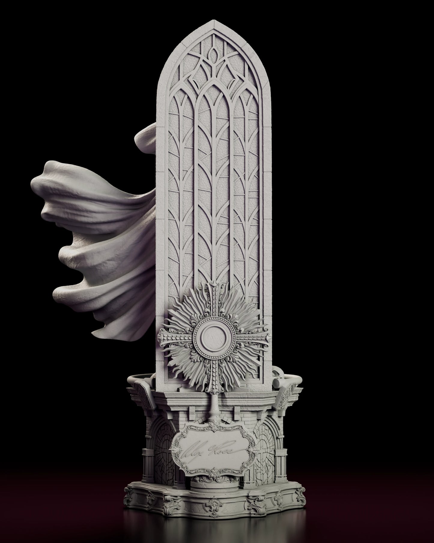 Rear view of the Spectre Kingdom Come figure model kit showing the carved lancet window with its mullions and cusped arches, a sunburst monstrance above a scrolled cartouche, and the cloak sweeping clear of the stonework