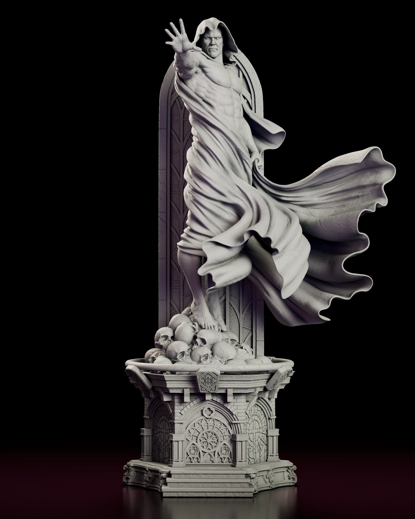 Front view of the Spectre Kingdom Come figure model kit raising one hand in judgment while standing barefoot on a mound of skulls above a gothic plinth carved with rose windows and arcades
