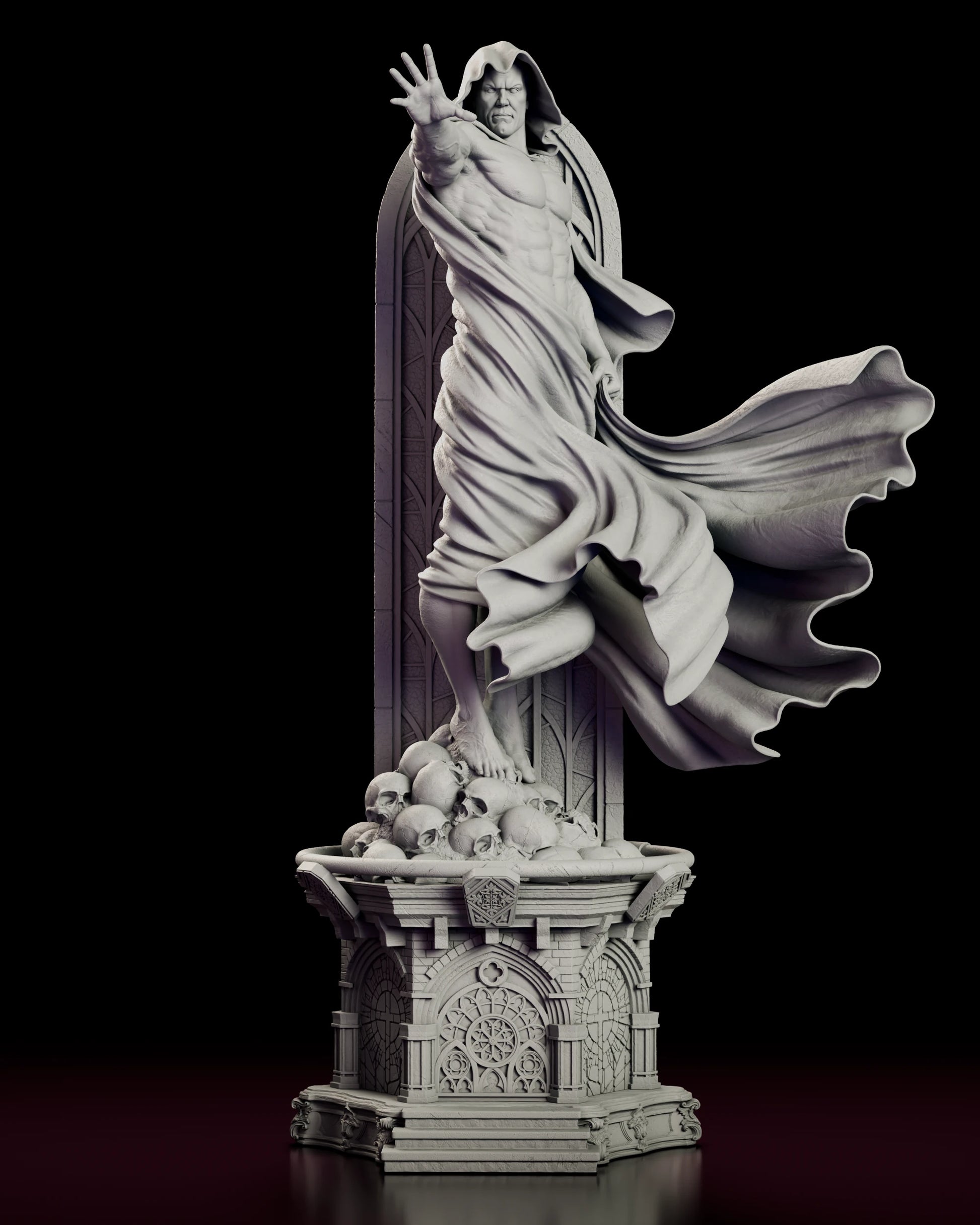 Front view of the Spectre Kingdom Come figure model kit raising one hand in judgment while standing barefoot on a mound of skulls above a gothic plinth carved with rose windows and arcades