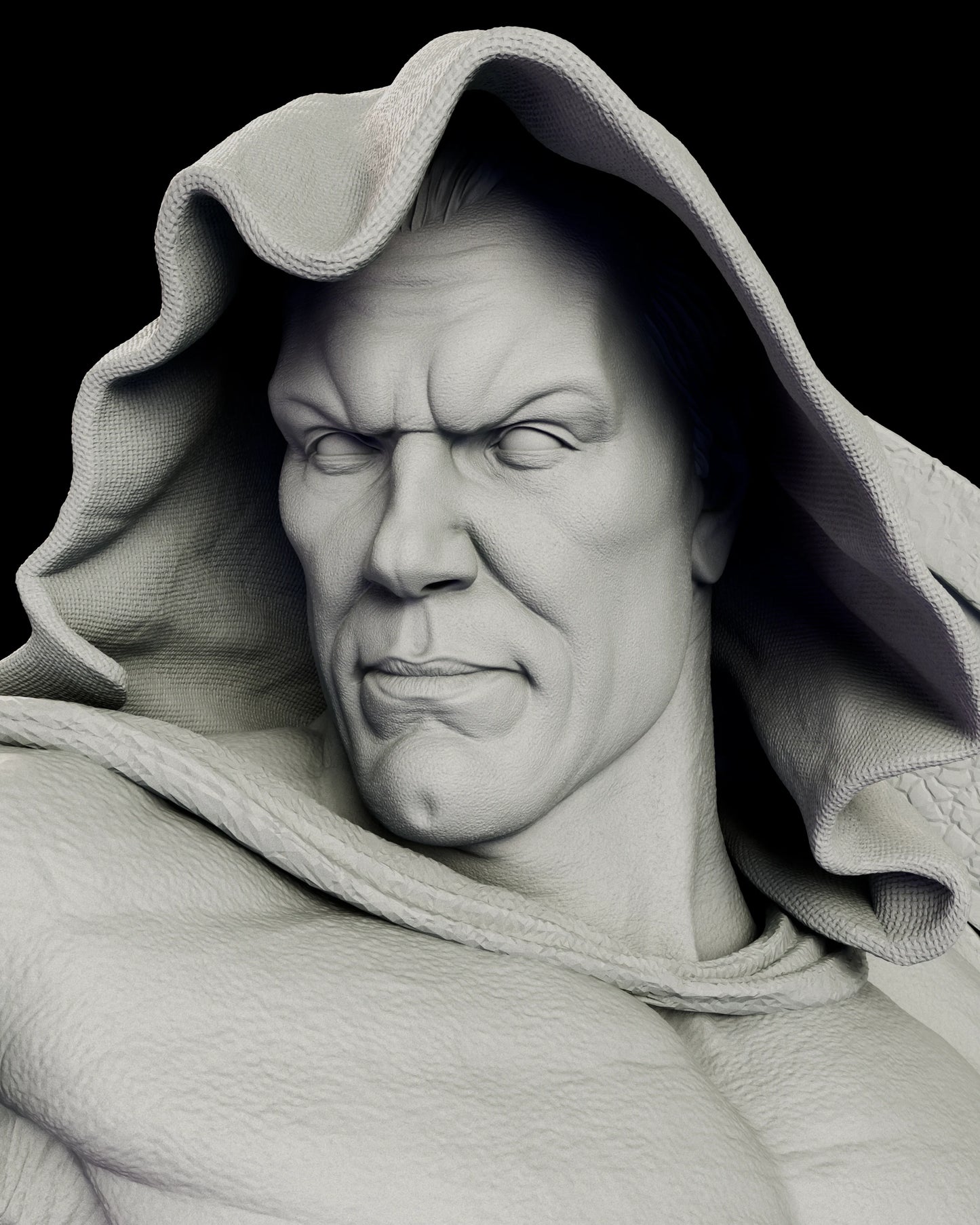 Portrait detail of the Spectre Kingdom Come figure model kit showing the drawn brows, narrowed eyes and set jaw beneath a low hood, with the woven texture of the hood lining carved throughout