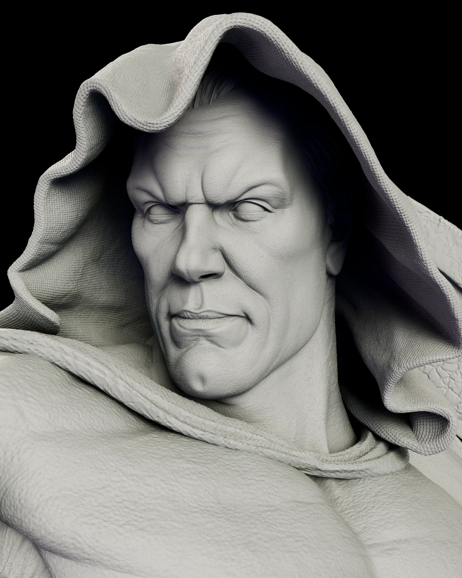 Portrait detail of the Spectre Kingdom Come figure model kit showing the drawn brows, narrowed eyes and set jaw beneath a low hood, with the woven texture of the hood lining carved throughout