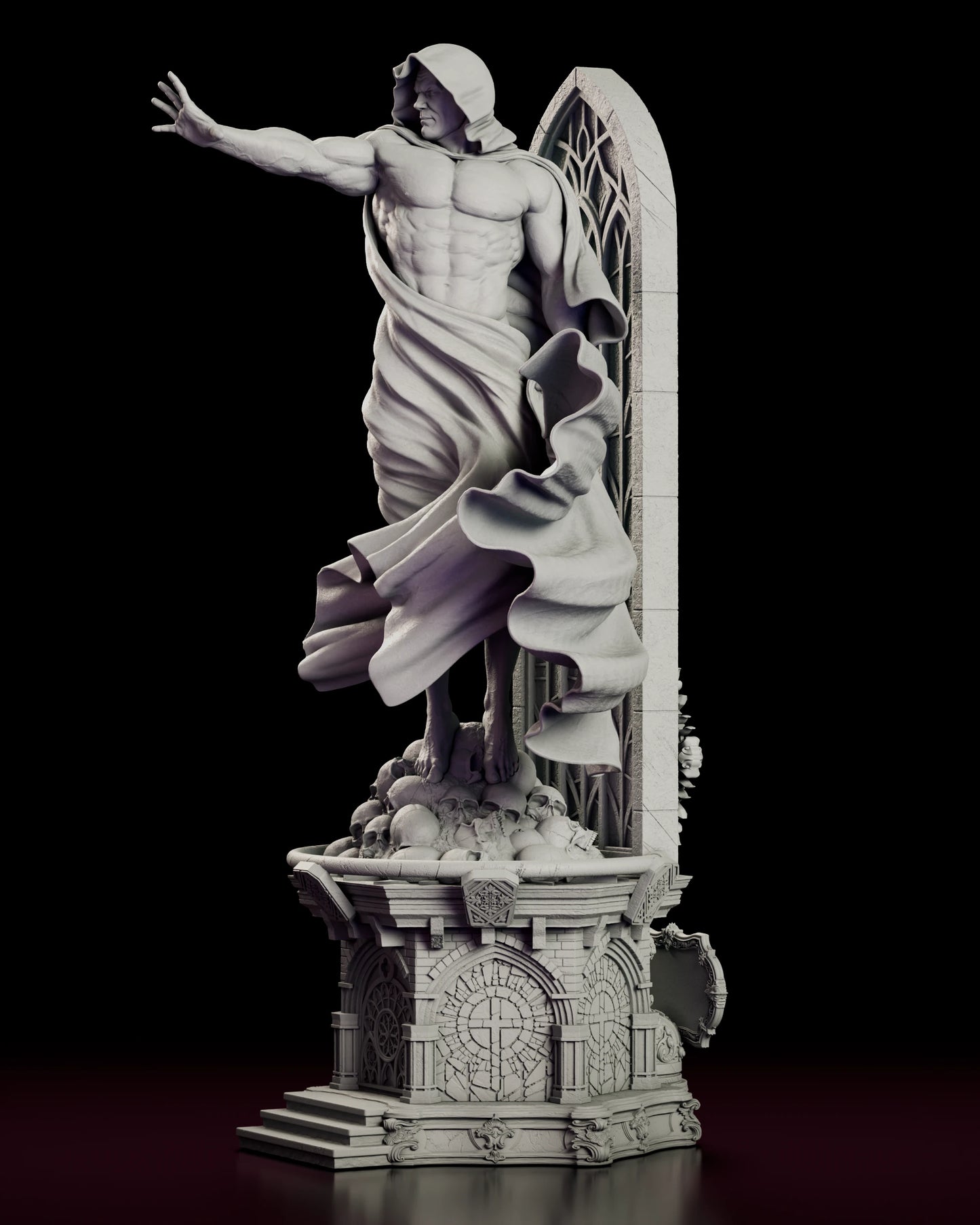 Left side view of the Spectre Kingdom Come figure model kit with the spiralling folds of the cloak running down to the skull mound and the carved tracery of the window standing behind