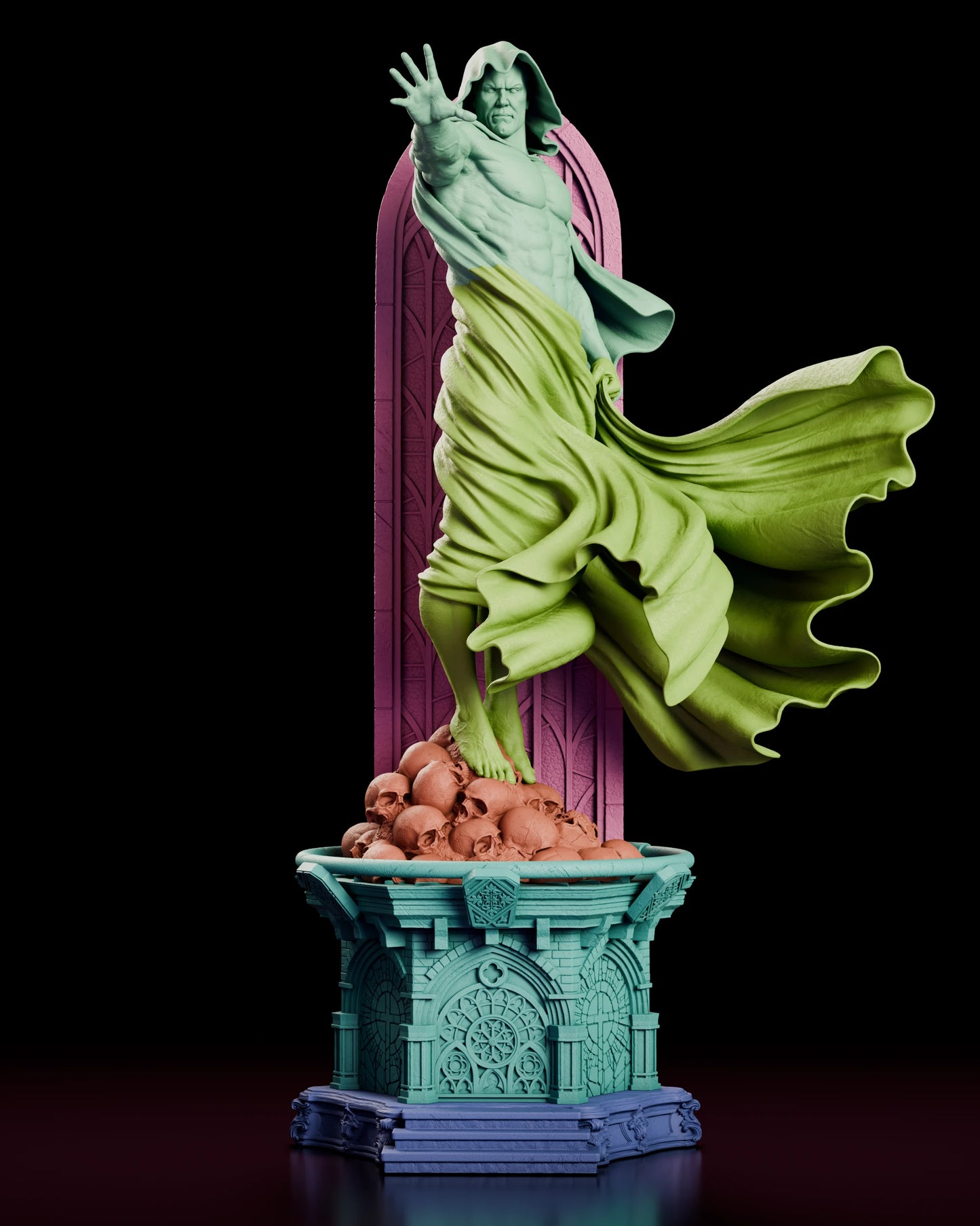 Parts breakdown of the Spectre Kingdom Come figure model kit with each component shown in a separate colour, including the hooded upper body, the sweeping lower cloak, the skull mound, the gothic capital, the window slab and the scrolled base