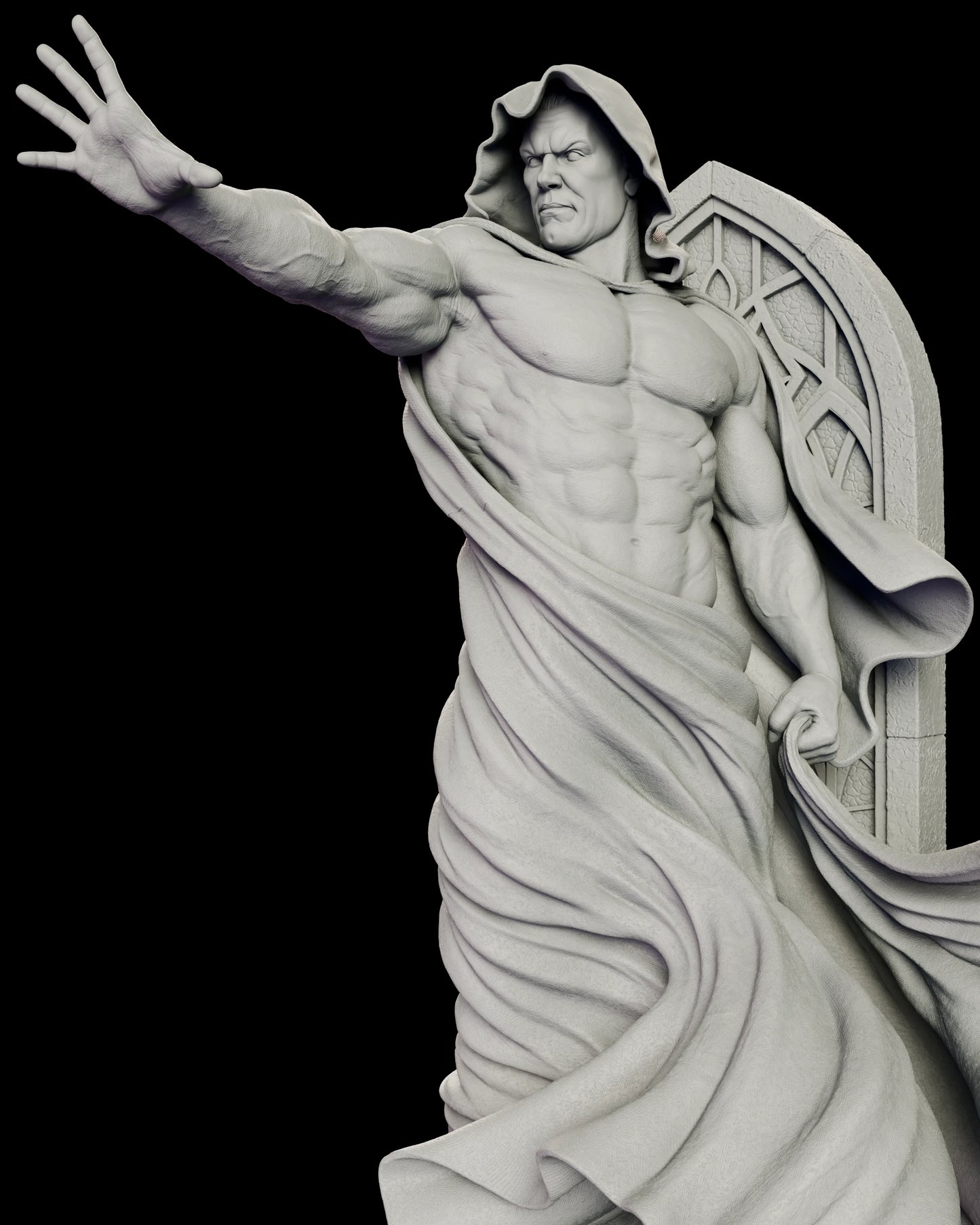 Close detail of the Spectre Kingdom Come figure model kit showing the outstretched hand with fingers spread and tendons raised, the deeply cut bare torso and the folds of the cloak gathered at the waist