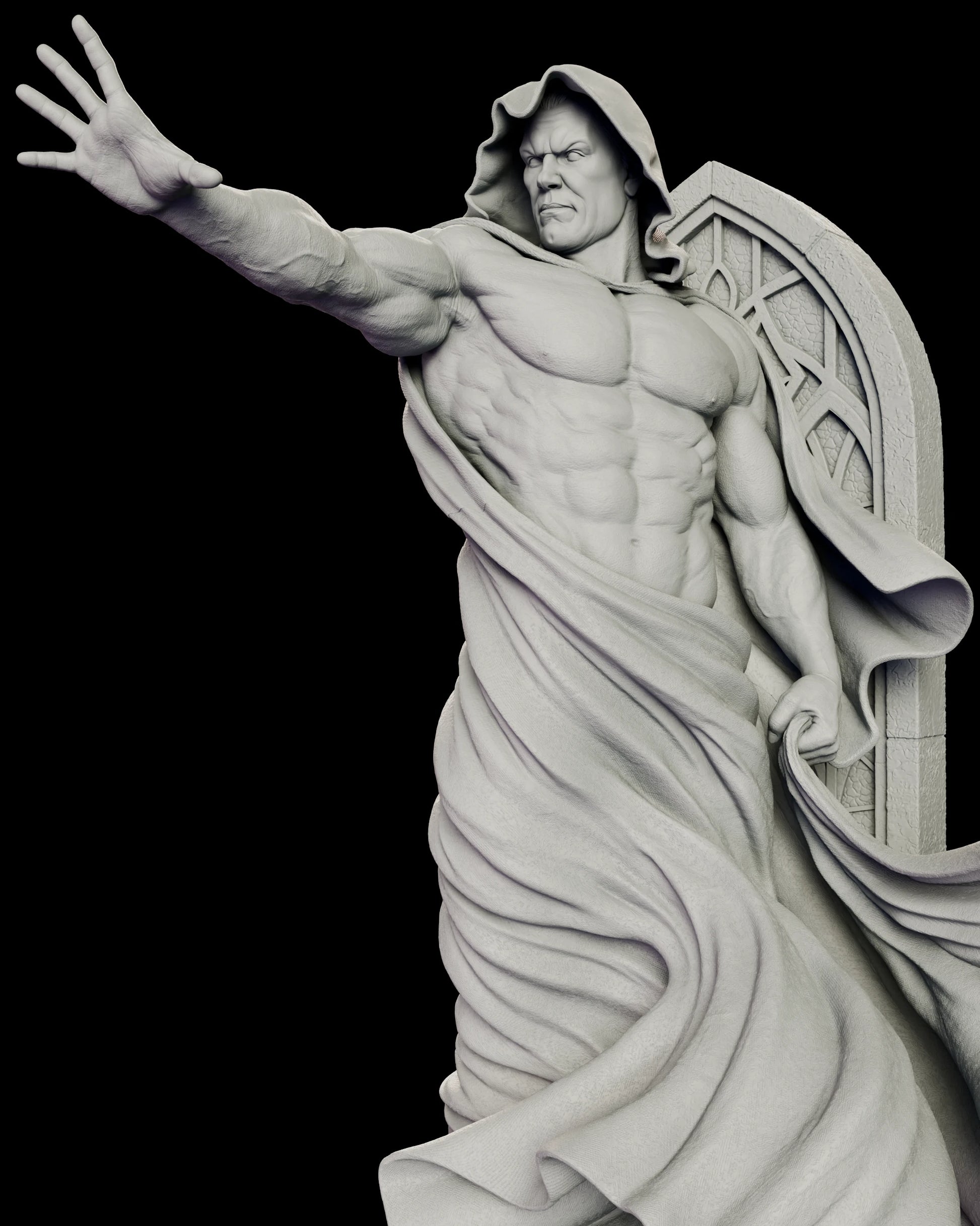 Close detail of the Spectre Kingdom Come figure model kit showing the outstretched hand with fingers spread and tendons raised, the deeply cut bare torso and the folds of the cloak gathered at the waist