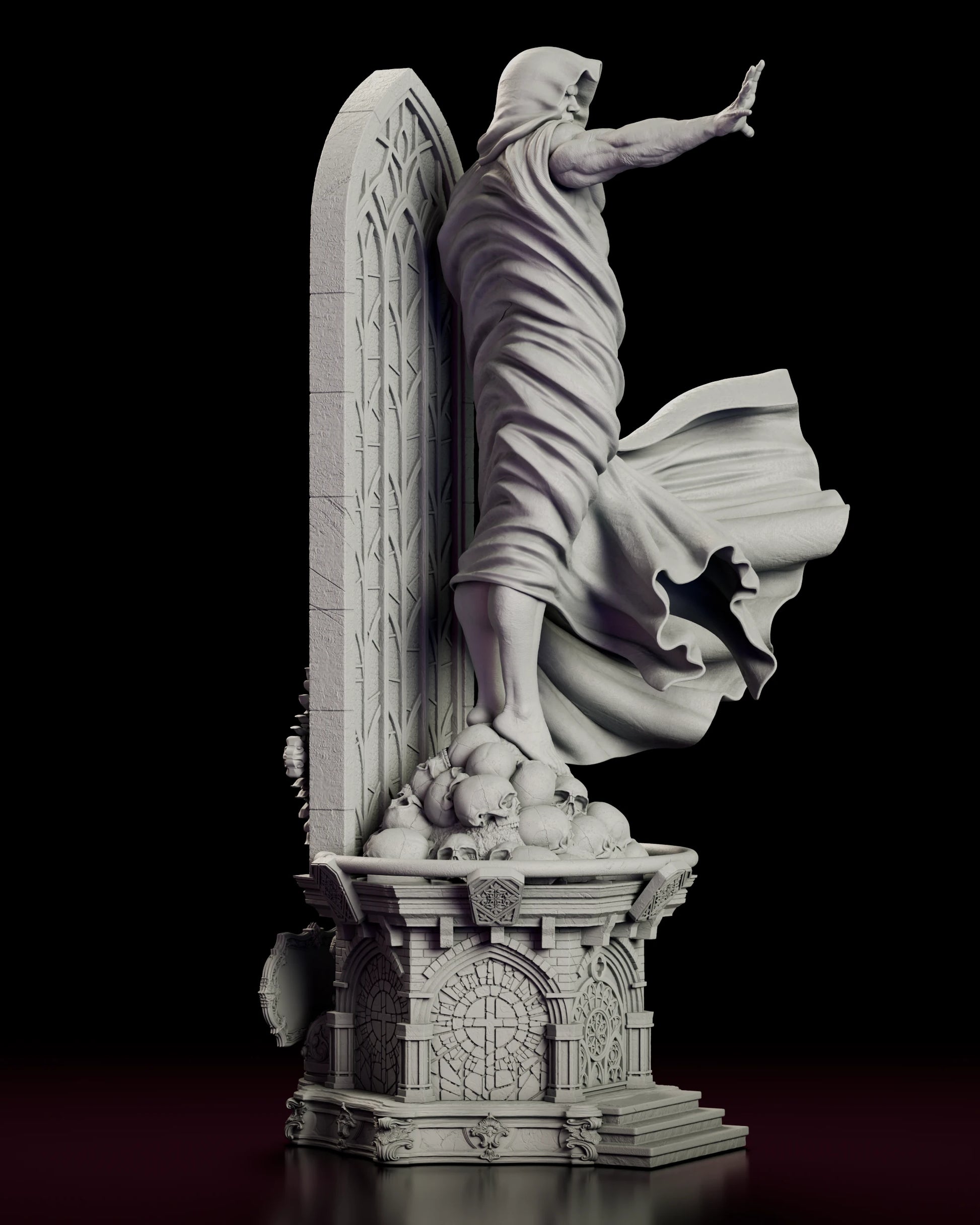 Right side view of the Spectre Kingdom Come figure model kit showing the profile of the hood and raised arm against the tall lancet window and the full depth of the cloak as it fans outward