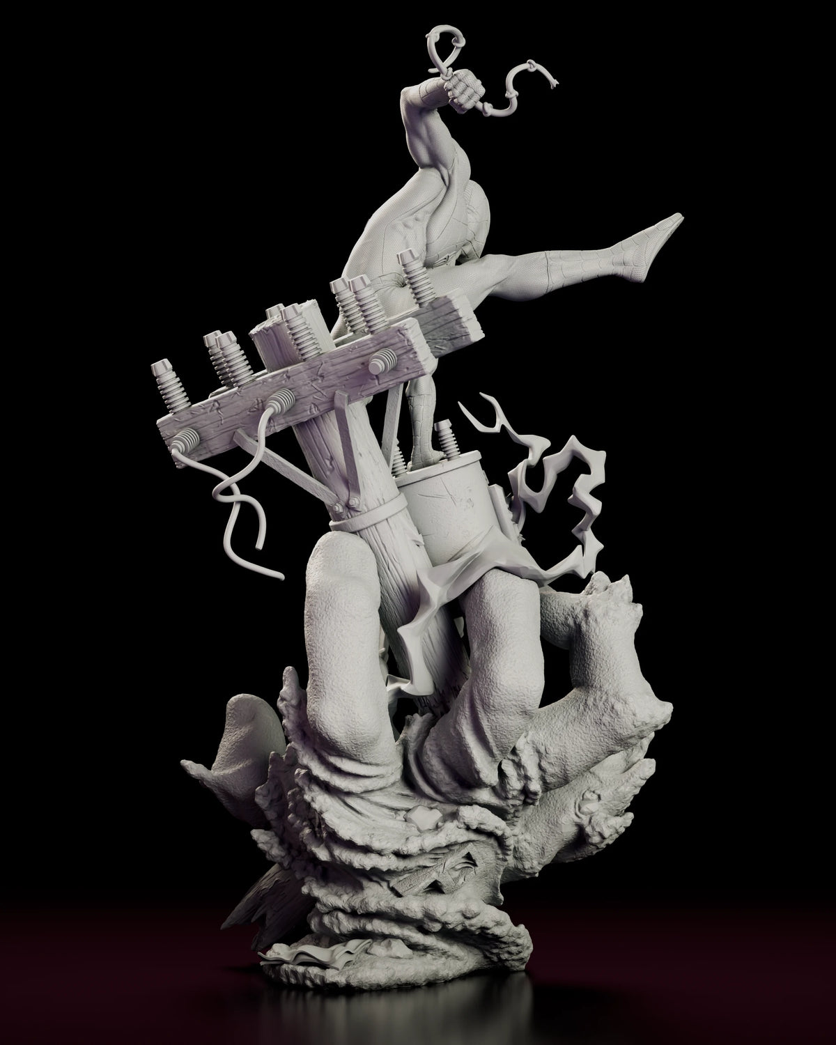 Rear view of the Spider-Man figure model kit showing Sandman's giant hand gripping the pole from below and the web line overhead