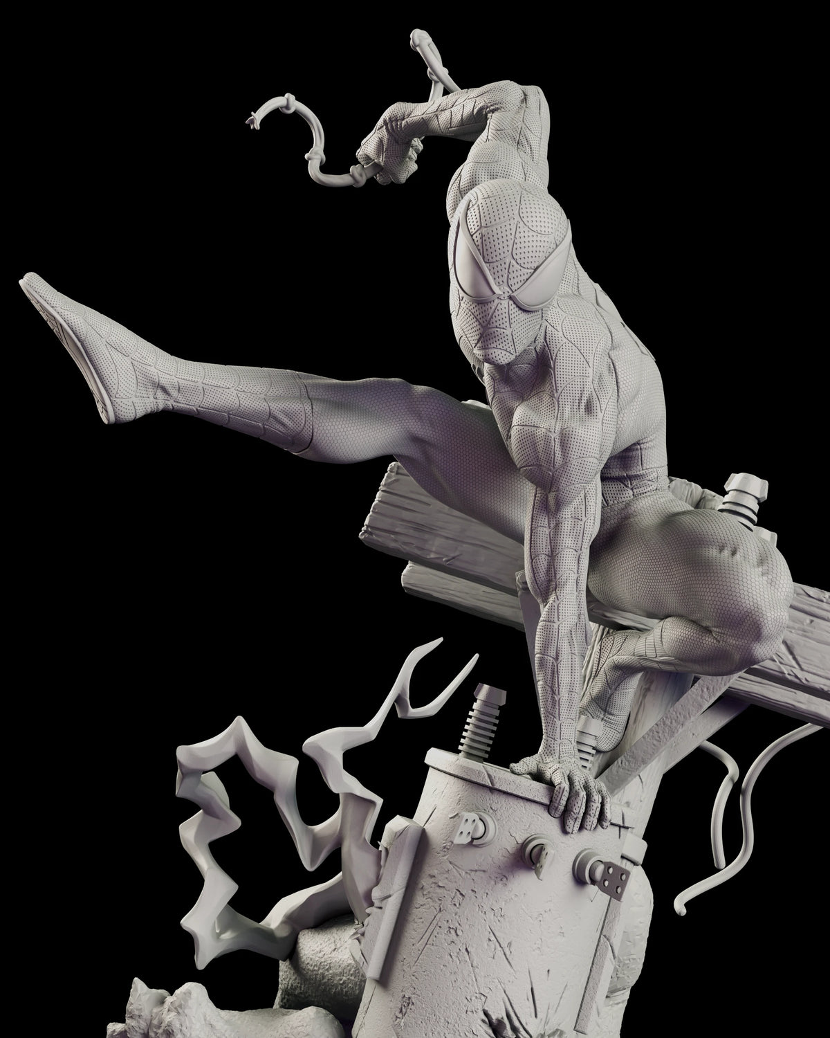 Detail of Spider-Man crouched on the crossarm with one leg extended, gripping the transformer as electricity arcs from its cracked housing