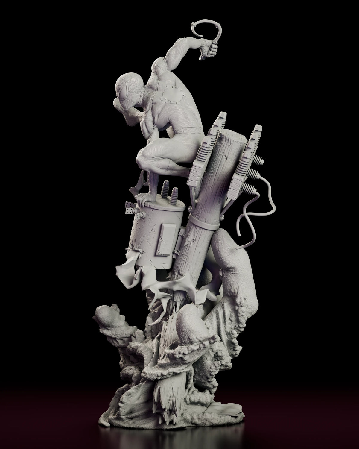 Left side view of the Spider-Man resin model showing the insulators on the crossarm and the loose cables hanging from the pole