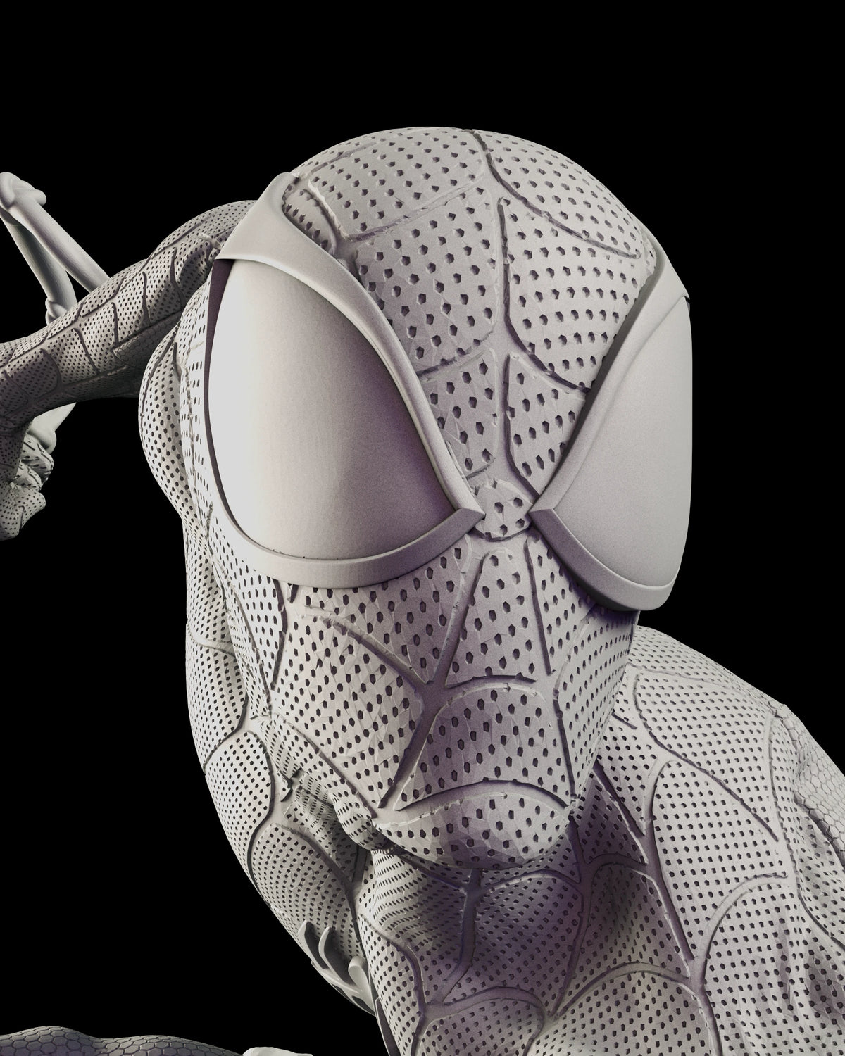 Close portrait of the Spider-Man mask with the web line and shooting hand raised beside it