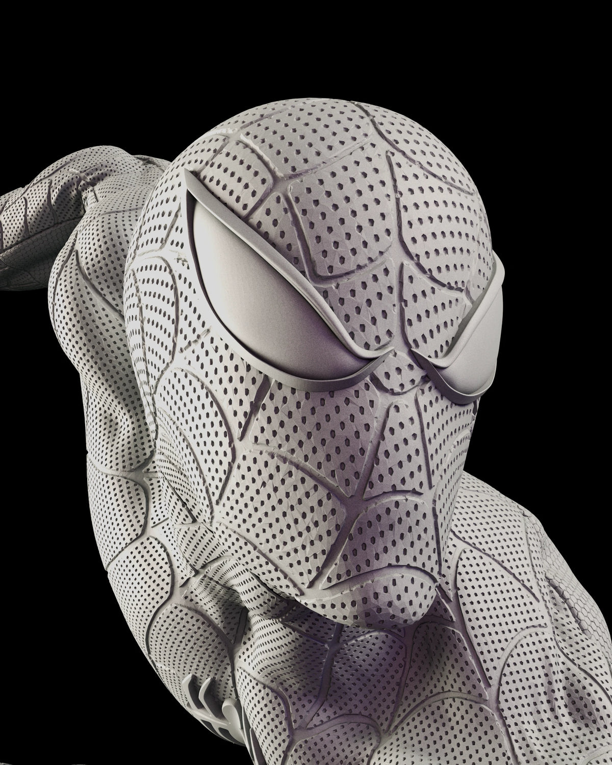 Three-quarter portrait of the masked Spider-Man head showing the webbed mesh texture across the mask and shoulders