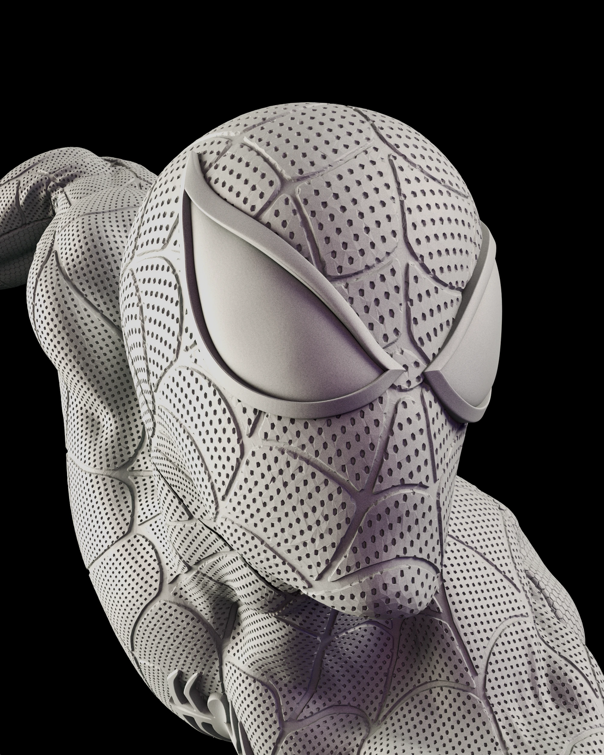 Portrait of the masked Spider-Man head showing the raised web lines and wide lenses of the mask