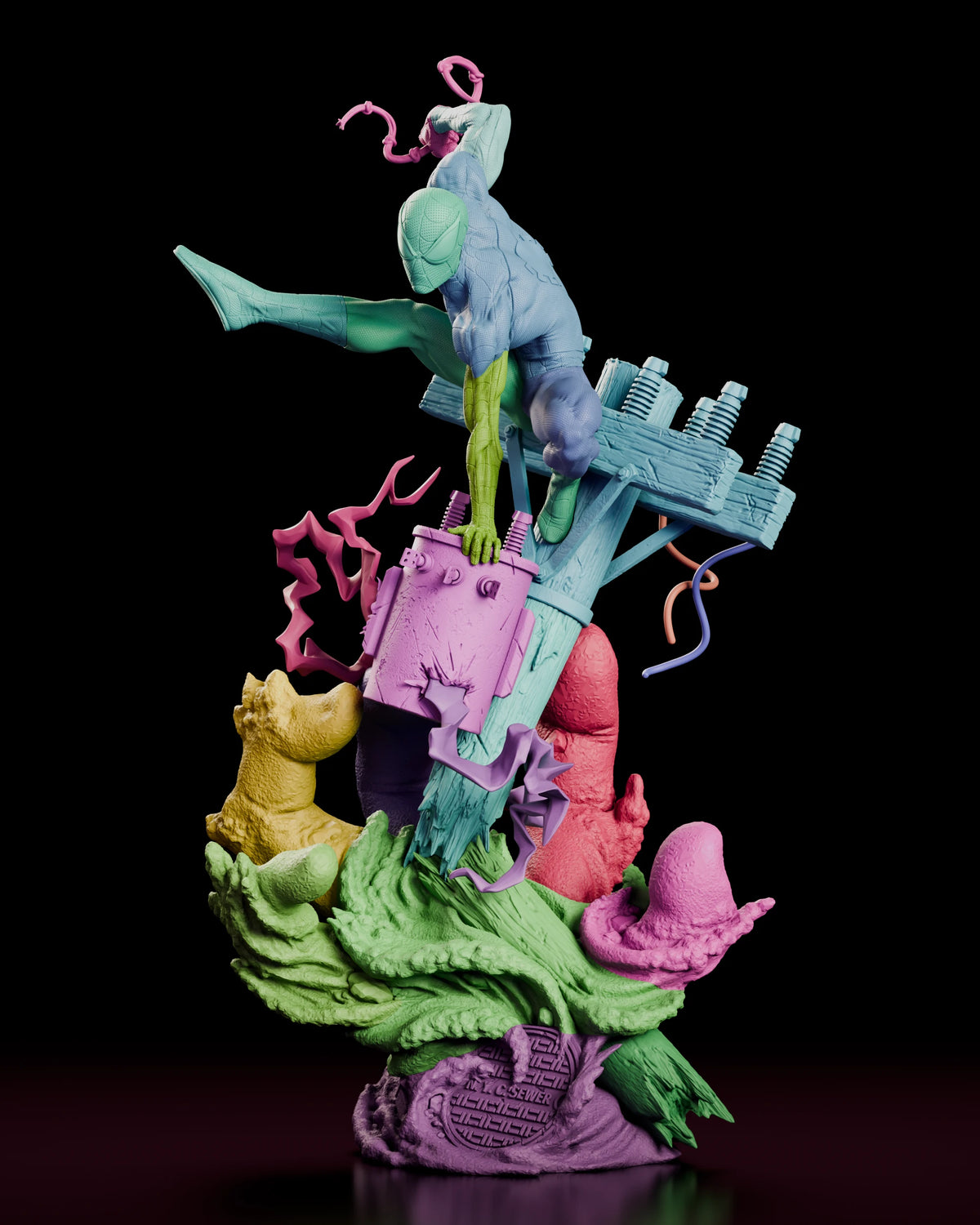 Parts breakdown of the Spider-Man resin kit with the figure, pole, transformer, arcs, Sandman's hand and base shown in separate colours