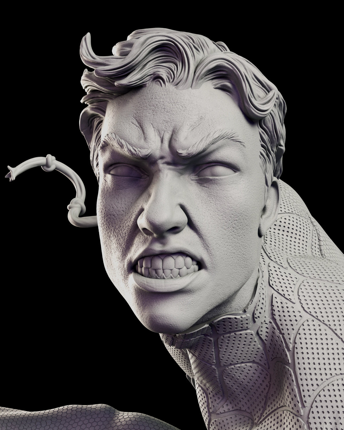Portrait of the unmasked Peter Parker head with hair swept back and teeth clenched