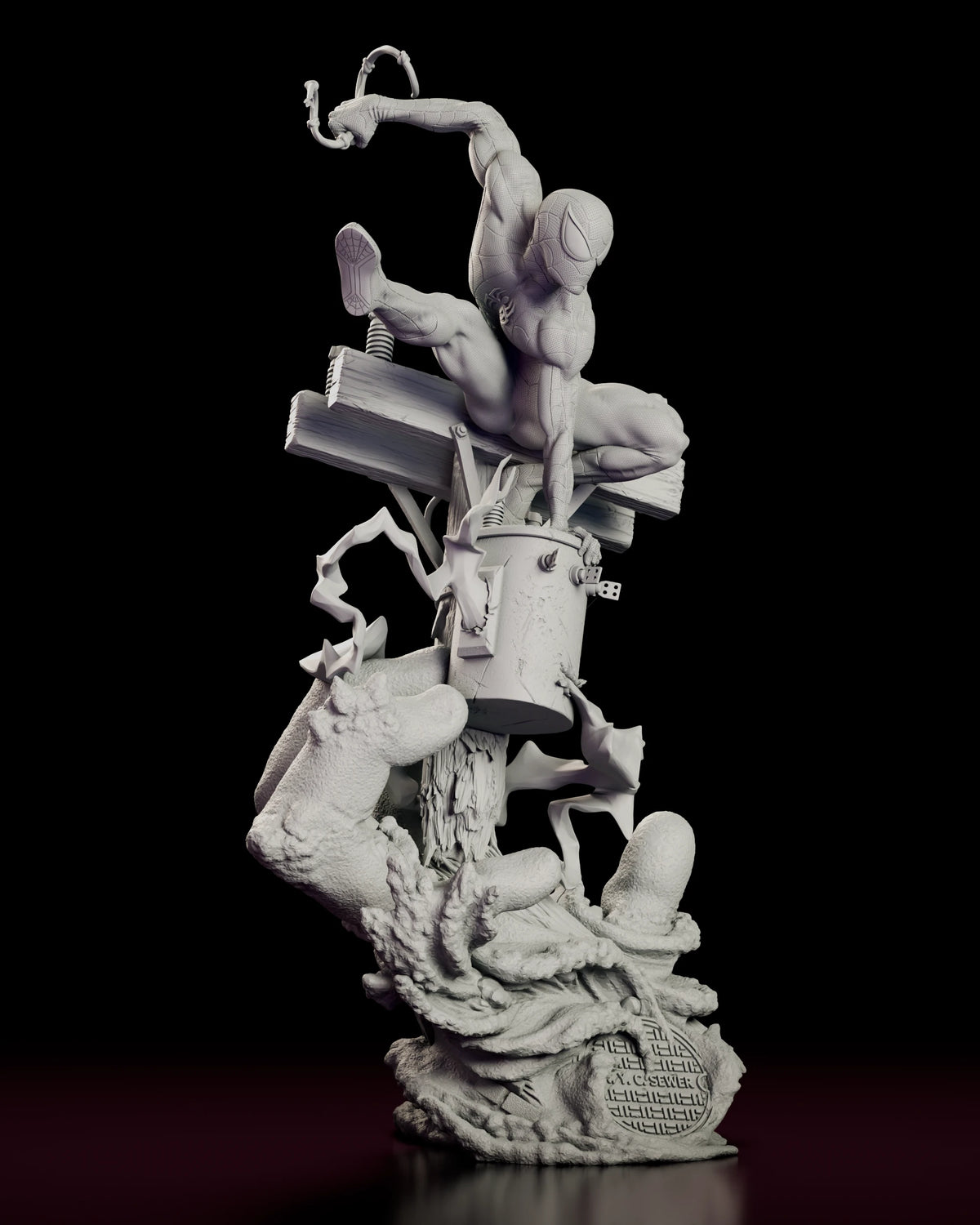 Right side view of the Spider-Man resin model showing the spider emblem on his back and the webbed sole of the extended boot