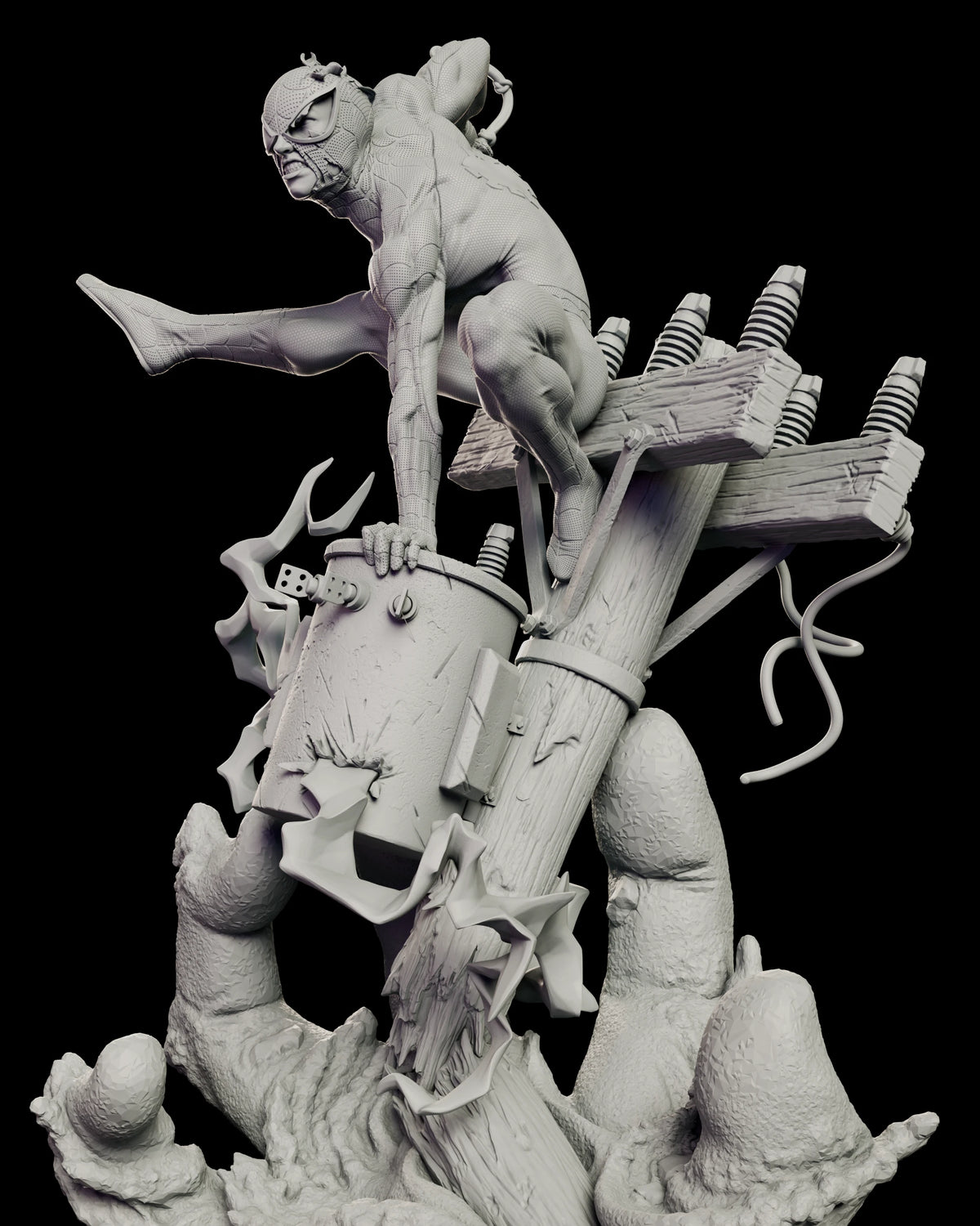 Detail of the Spider-Man figure built with the torn-mask head, teeth gritted, crouched over the sparking transformer and crossarm