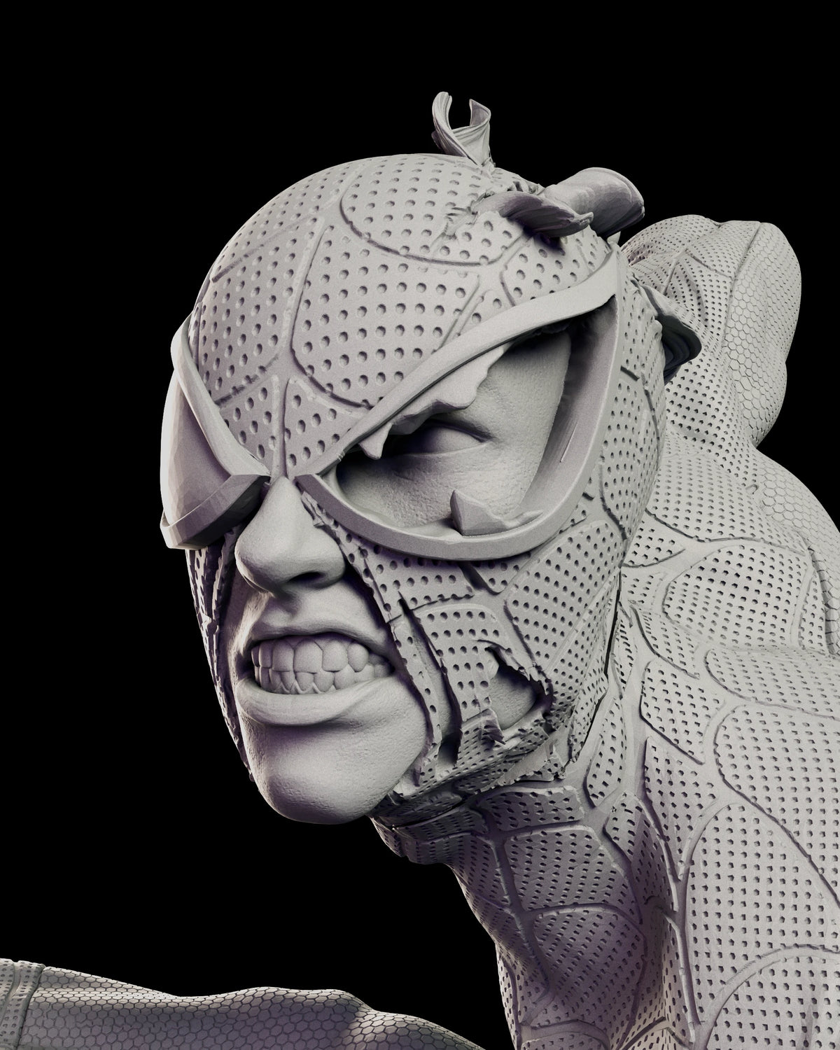 Portrait of the torn-mask Spider-Man head with the fabric ripped away from one eye and the jaw