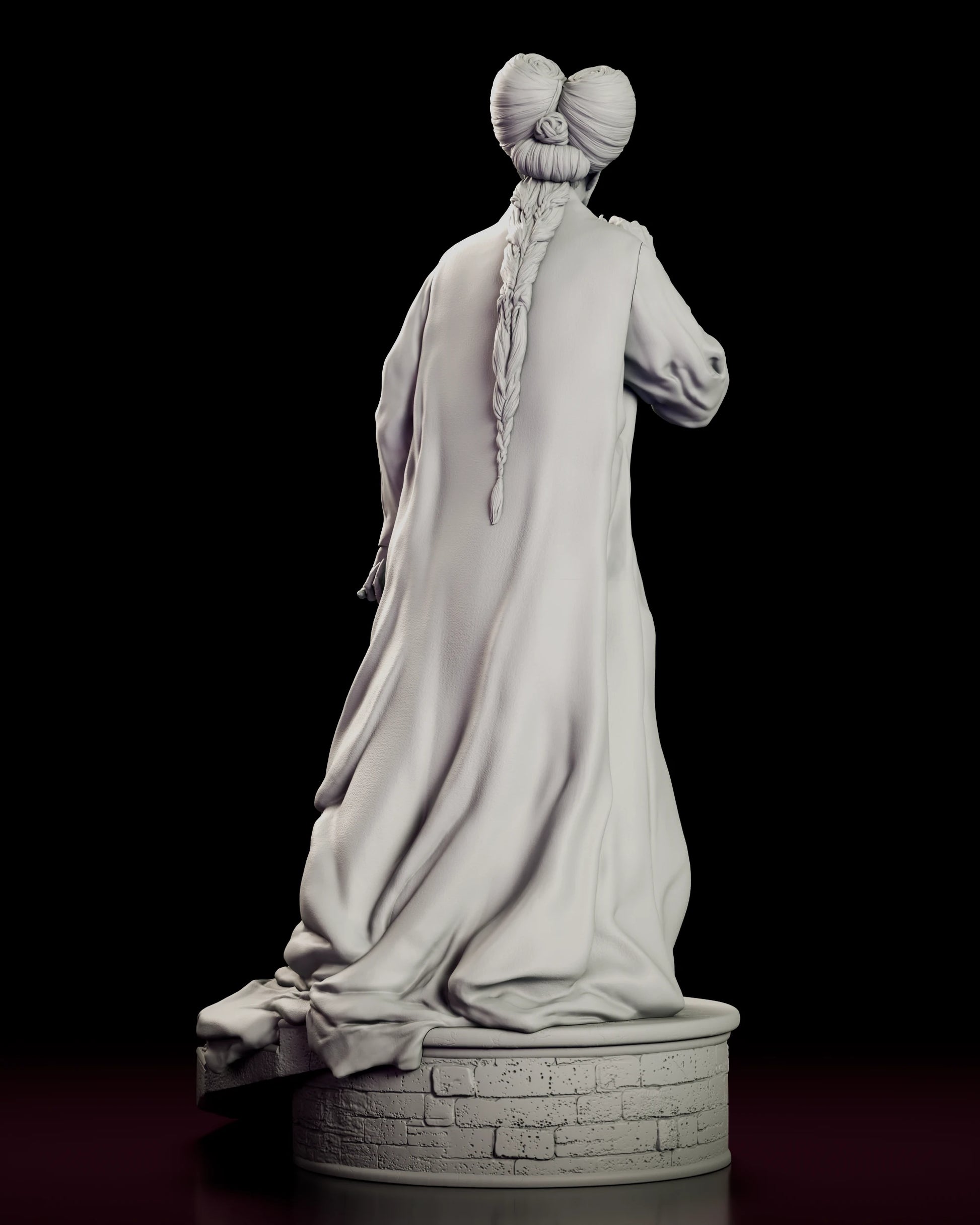 Rear view of the Count Dracula figure model kit showing the coiled hair and long plait, and the robe train pooling off the brick plinth