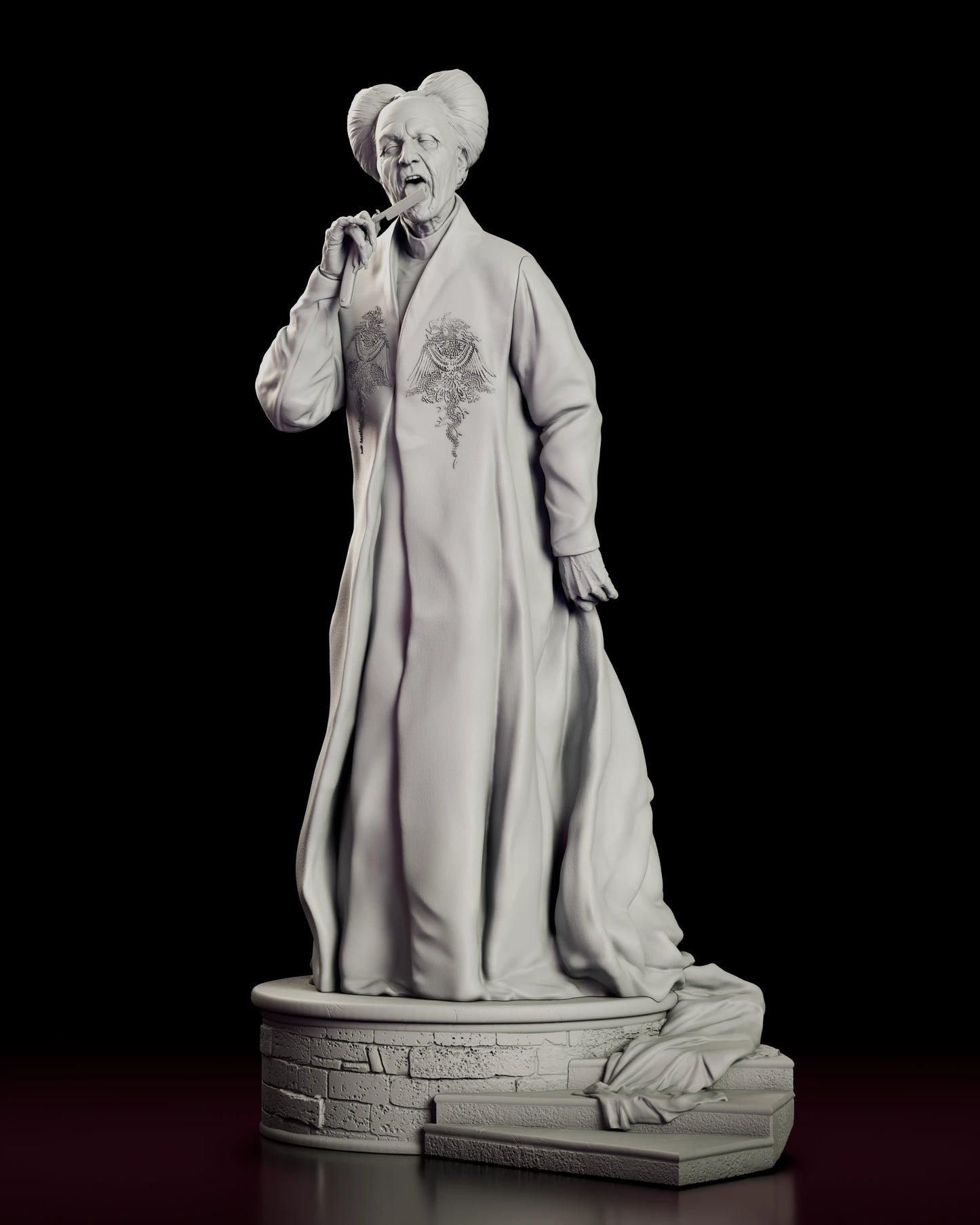 Front view of the Count Dracula figure model kit standing robed on a round brick plinth with the razor raised to his mouth