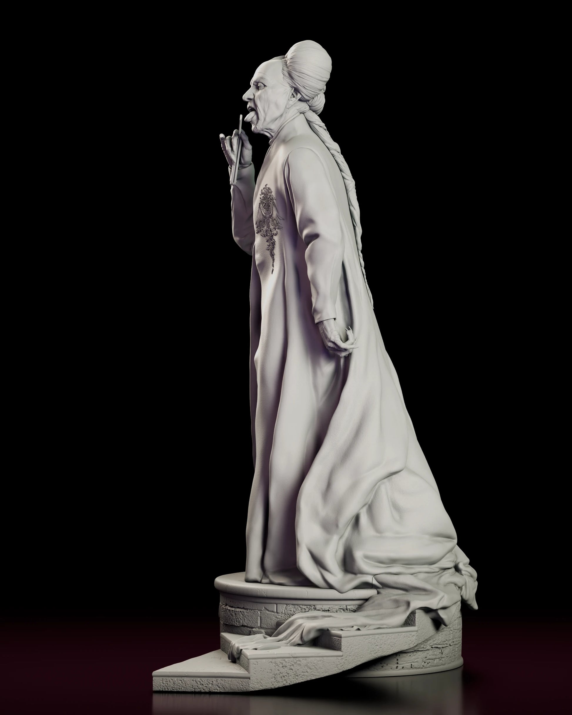 Left side view of the Count Dracula figure model kit showing the length of the robe and the train reaching the step below