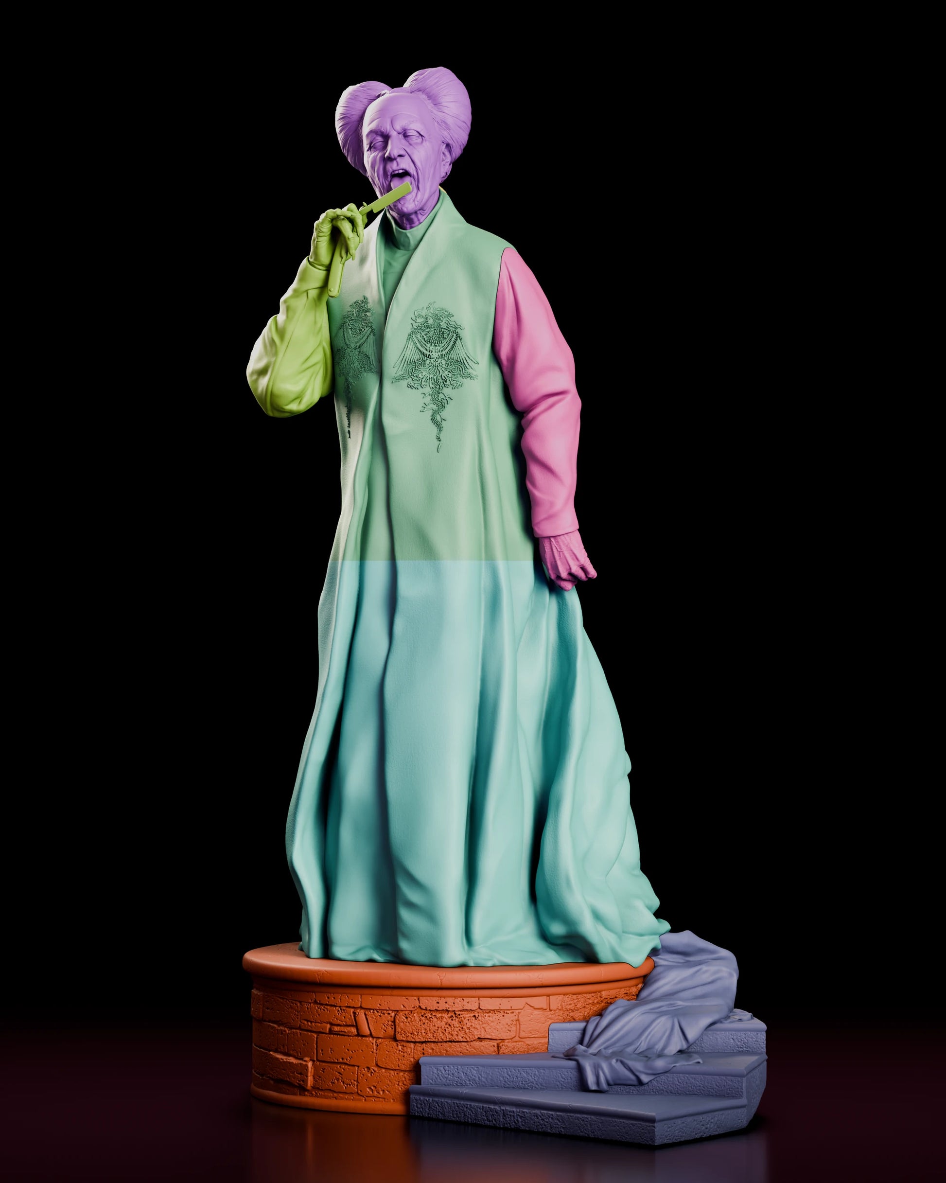 Parts breakdown of the Count Dracula resin kit with the head, both arms, the upper and lower robe, the brick plinth and the trailing train shown in separate colours