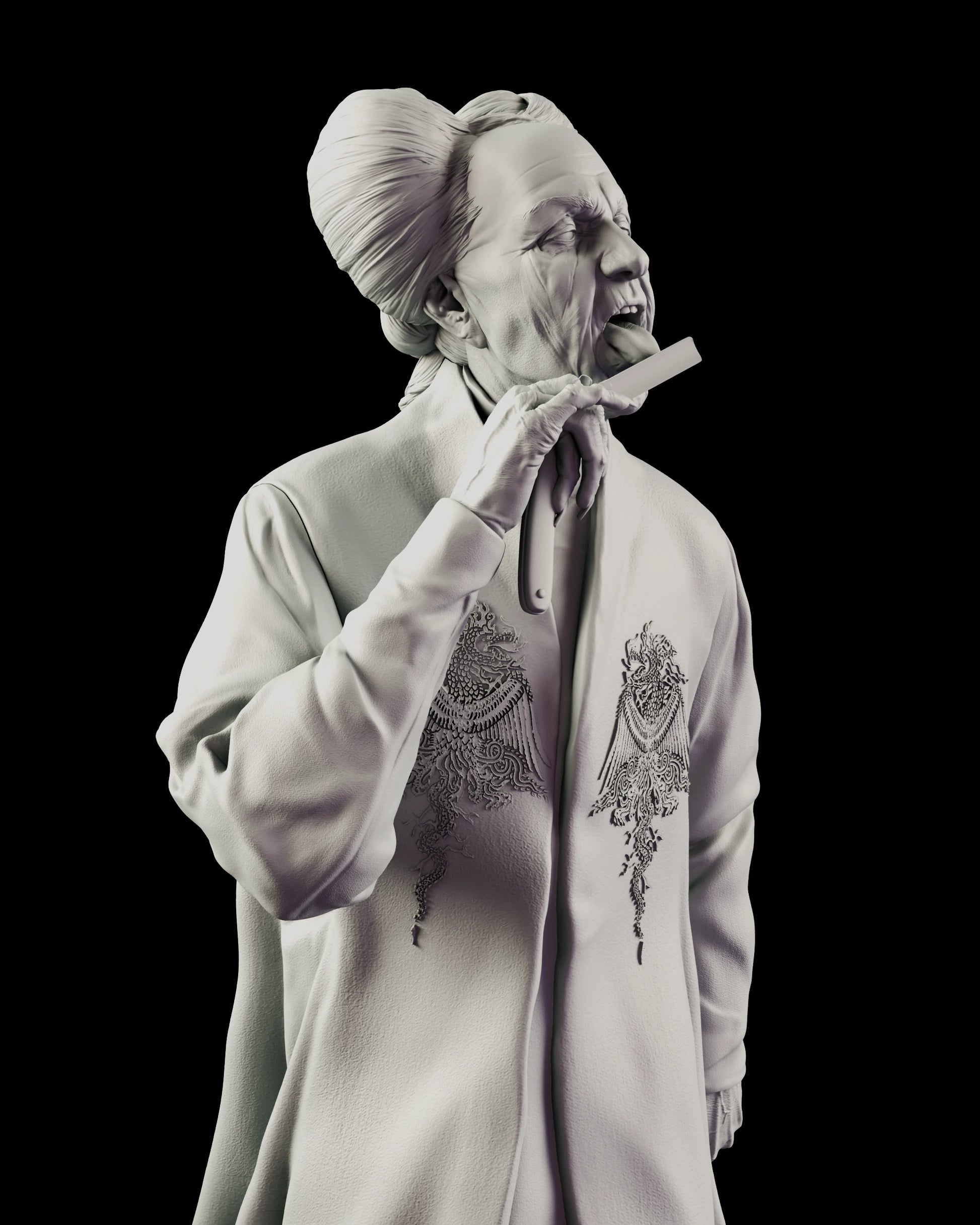 Detail view of the Count Dracula figure model kit showing the raised straight razor and the Order of the Dragon crests worked into both panels of the robe