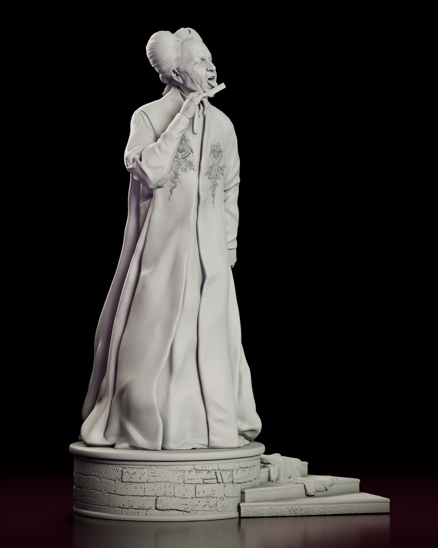 Right side view of the Count Dracula figure model kit showing the bell sleeve, the fall of the robe and the raised razor arm