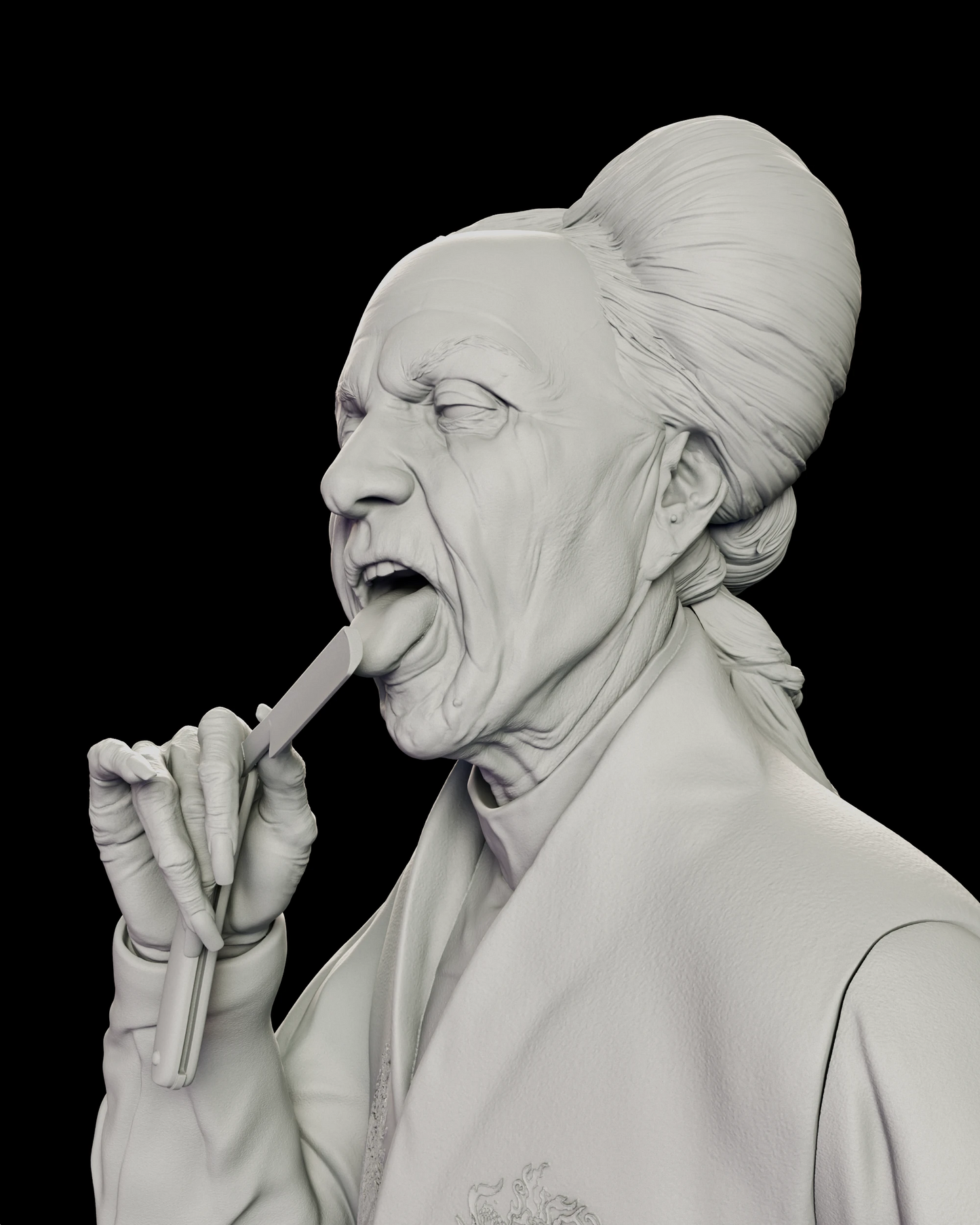 Portrait view of the Count Dracula figure model kit in profile with his tongue laid along the razor blade, showing the lined face and the coiled hair