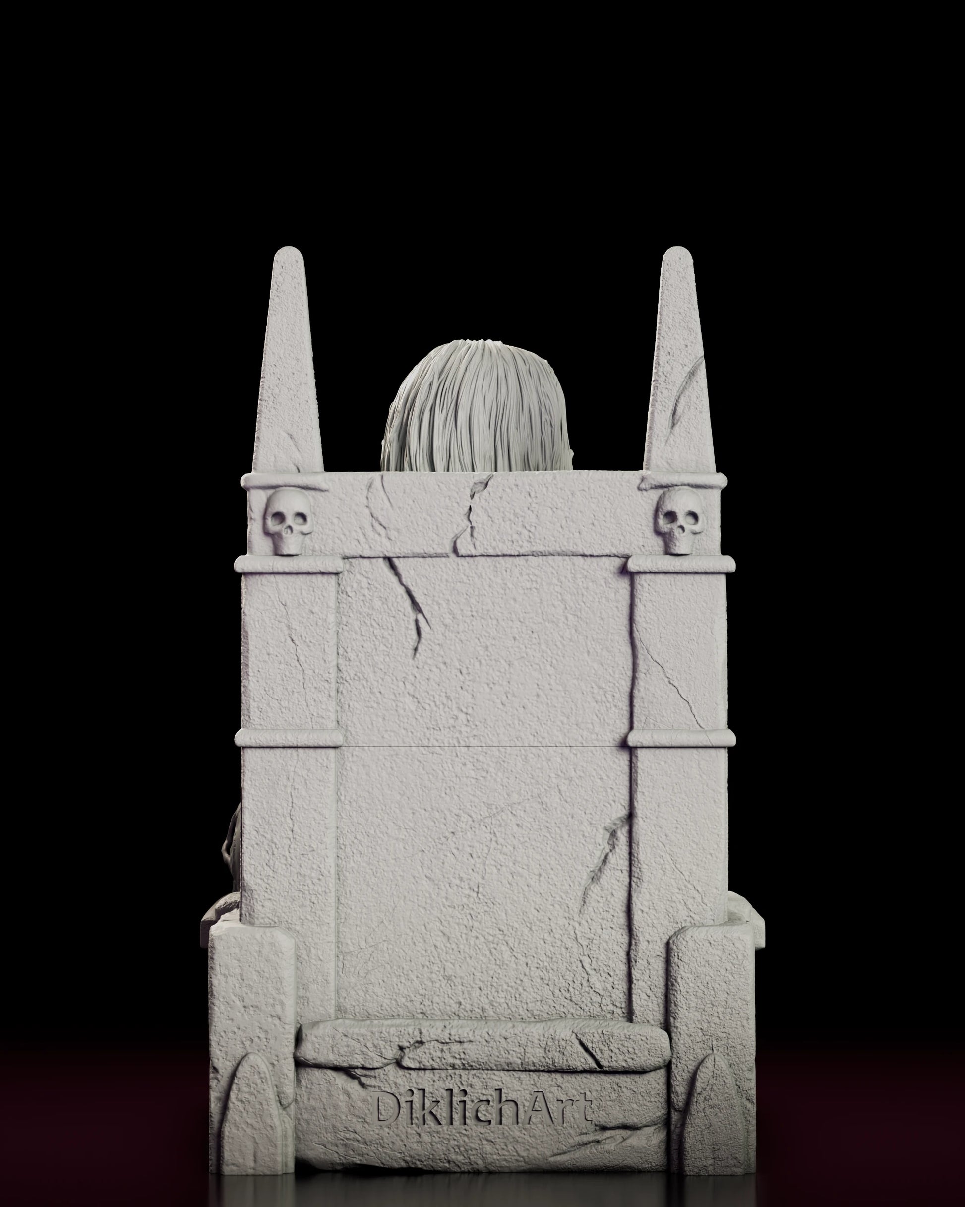 Rear view of the Crypt Keeper figure model kit showing the cracked stone throne and its carved skull medallions