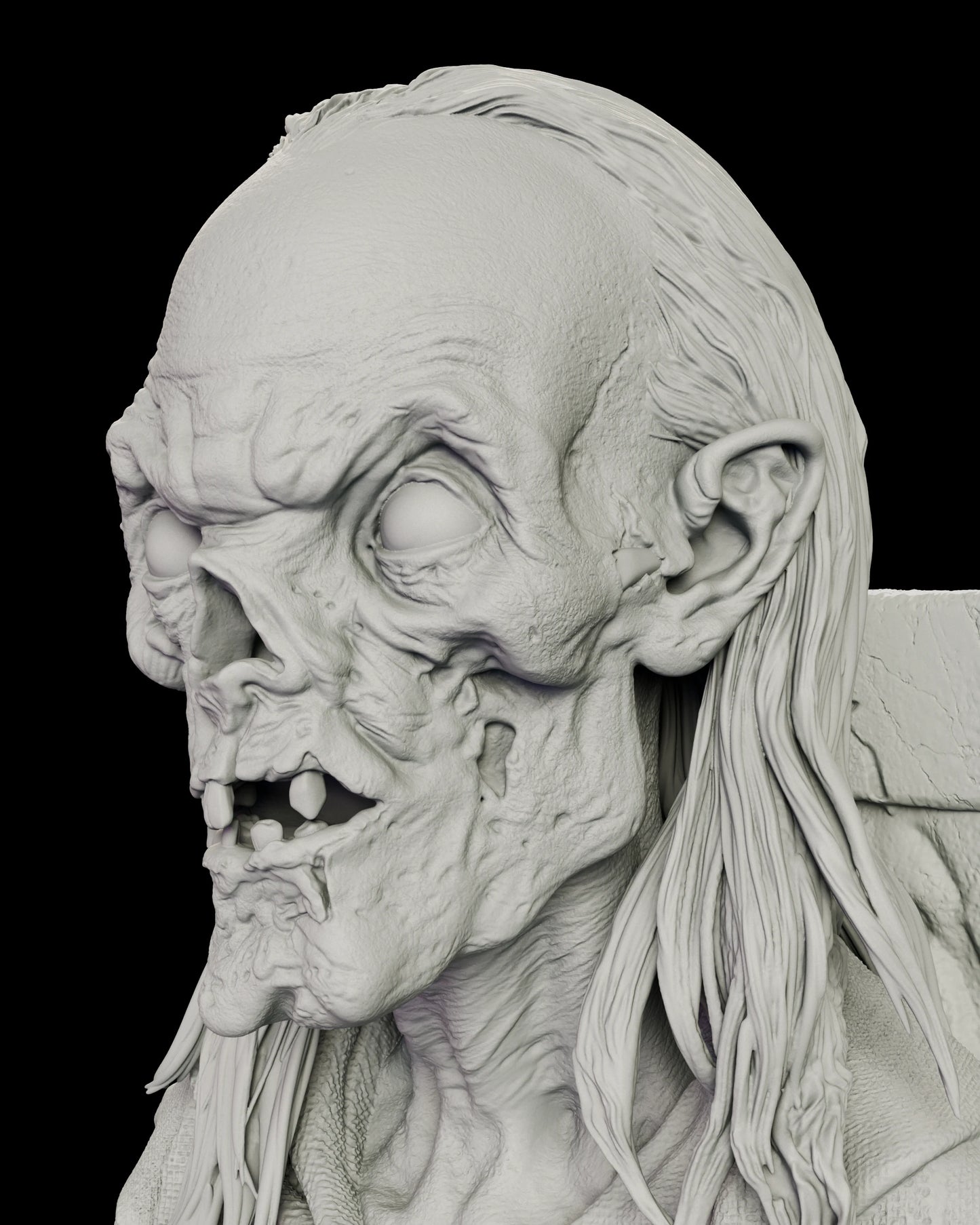 Portrait detail of the Crypt Keeper showing his bulging eyes, lipless grin of broken teeth and ragged hair