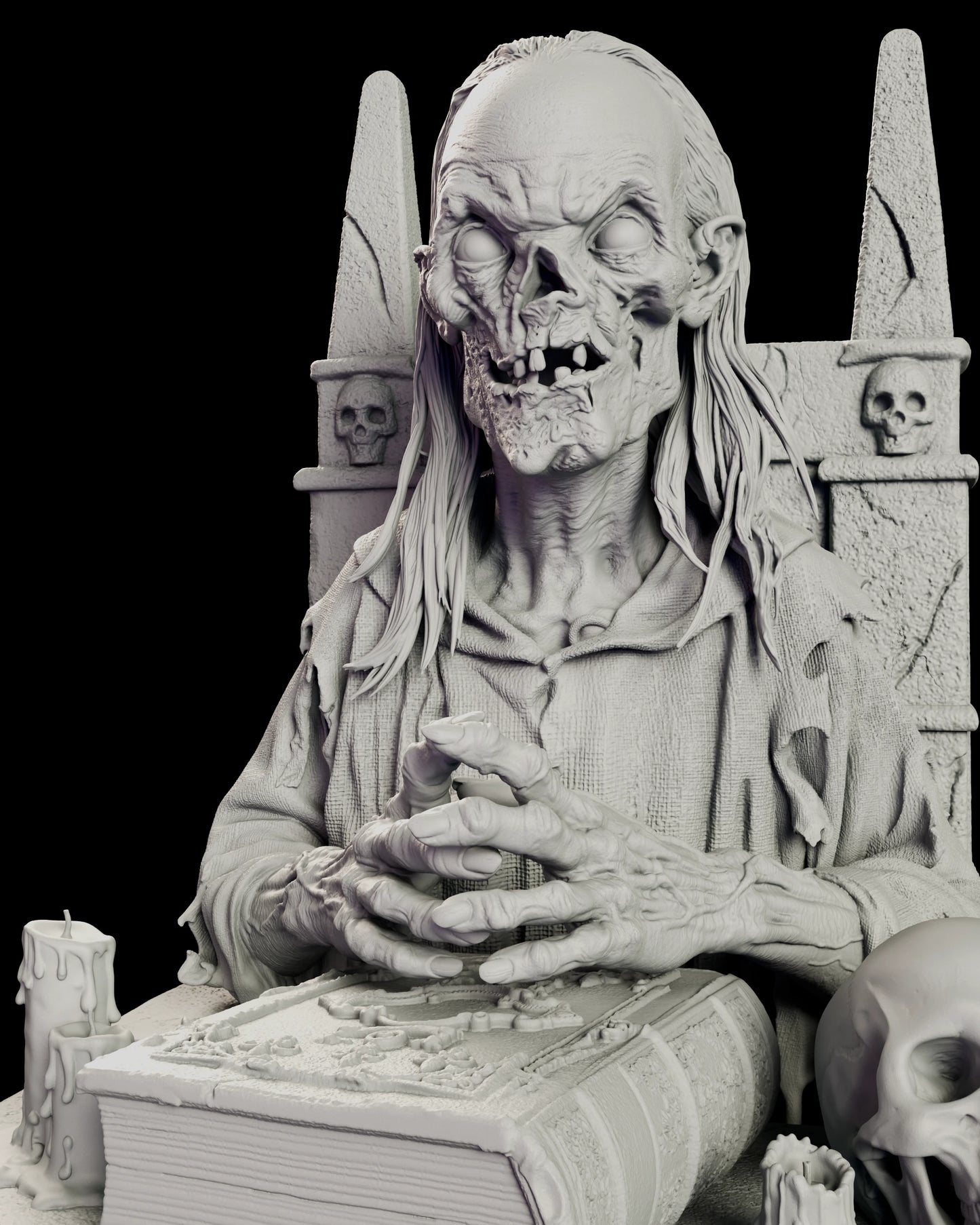 Close view of the Crypt Keeper steepling his skeletal fingers over an embossed leatherbound book beside a melted candle