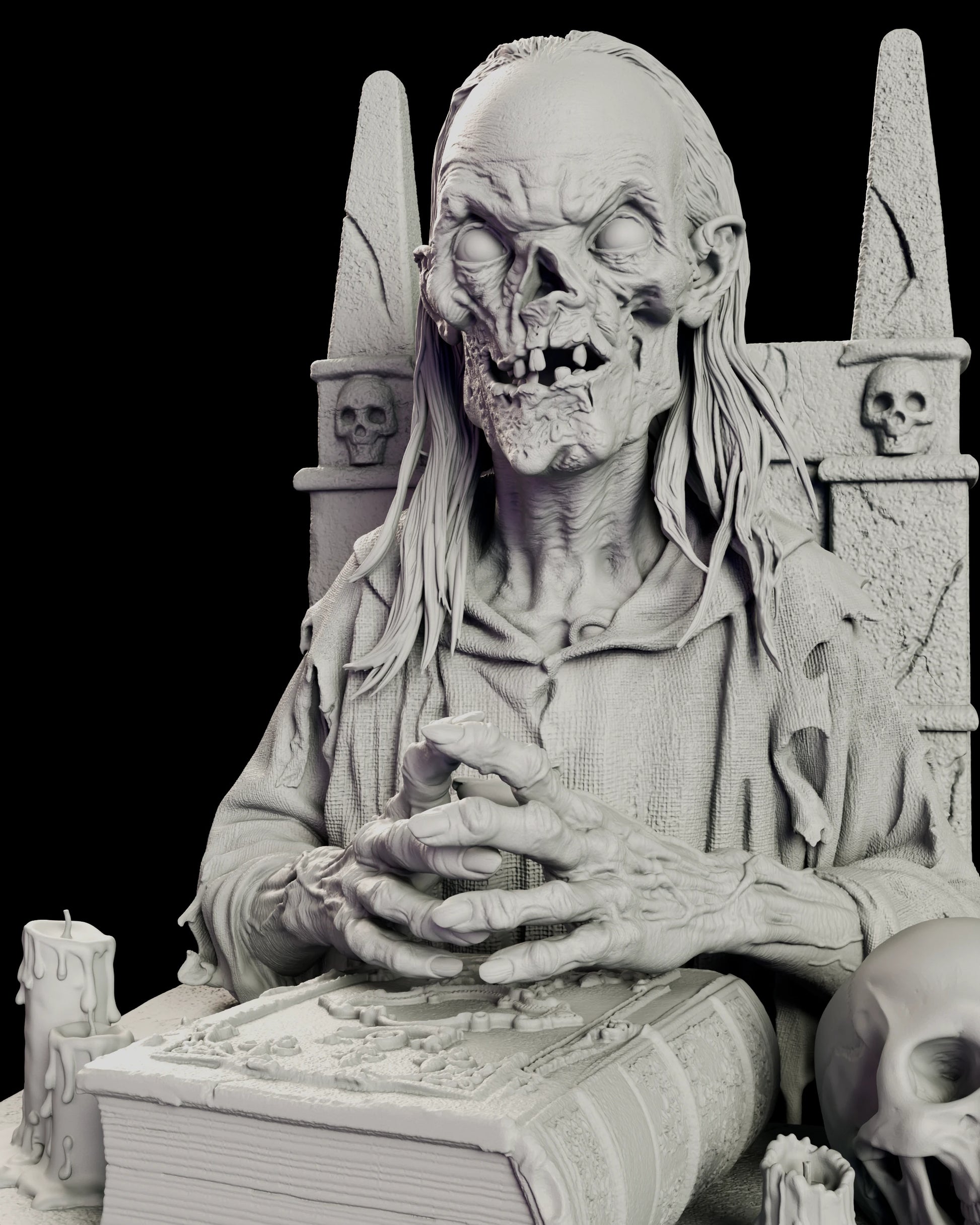 Close view of the Crypt Keeper steepling his skeletal fingers over an embossed leatherbound book beside a melted candle
