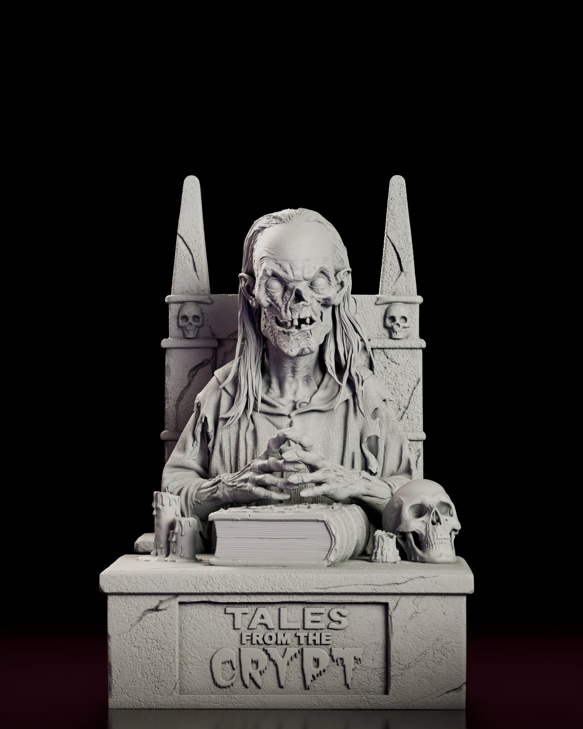 Front view of the Crypt Keeper figure model kit on his skull-carved throne above the Tales from the Crypt logo base