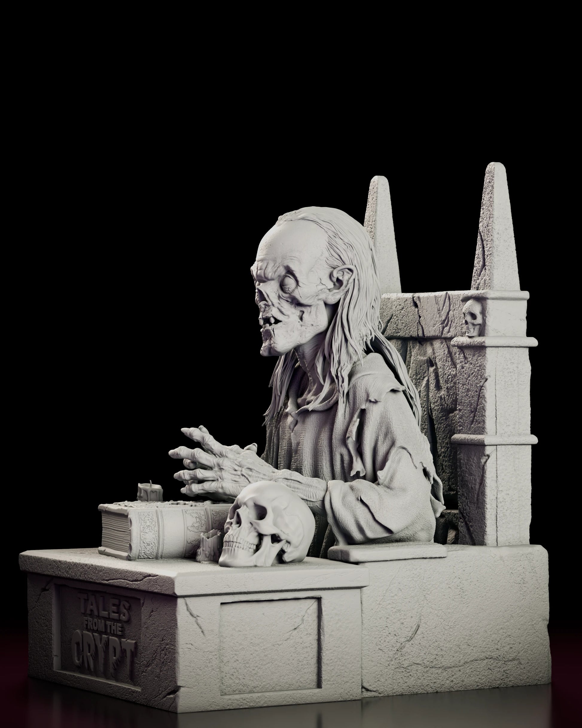Left side view of the Crypt Keeper resin model showing the guttering candles and his tattered robe
