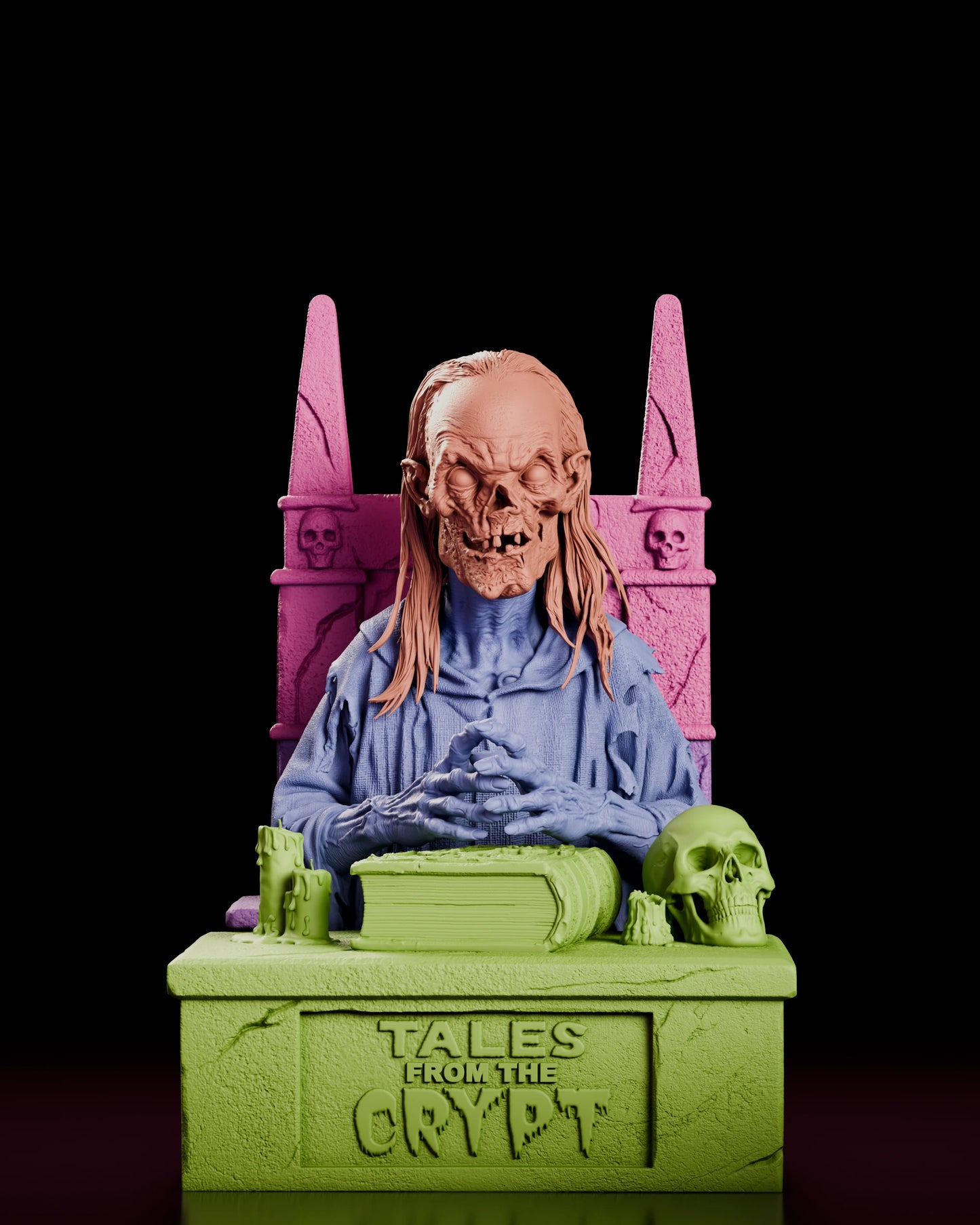 Parts breakdown of the Crypt Keeper resin kit with the head, robed body, stone throne and logo desk shown in separate colours