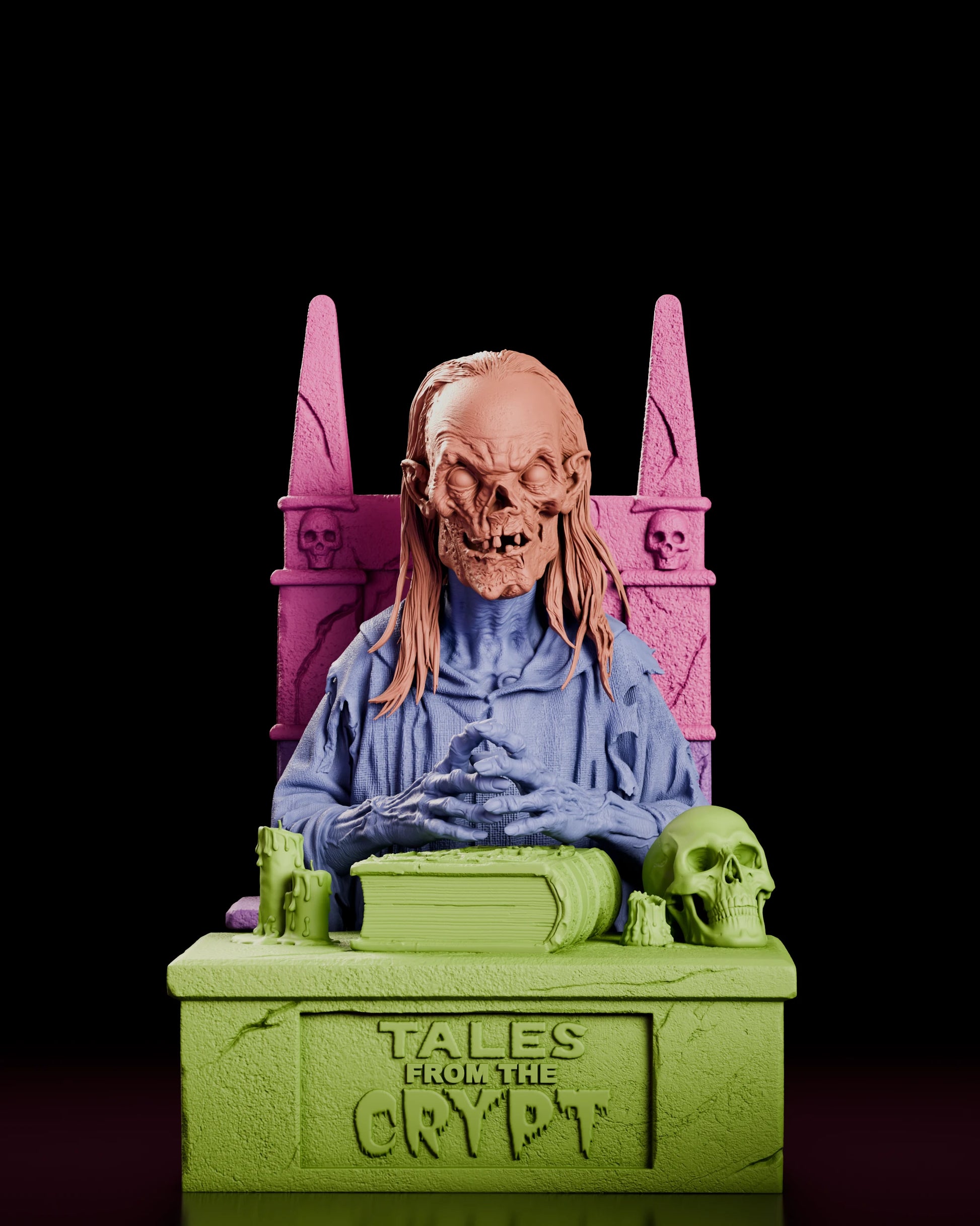 Parts breakdown of the Crypt Keeper resin kit with the head, robed body, stone throne and logo desk shown in separate colours