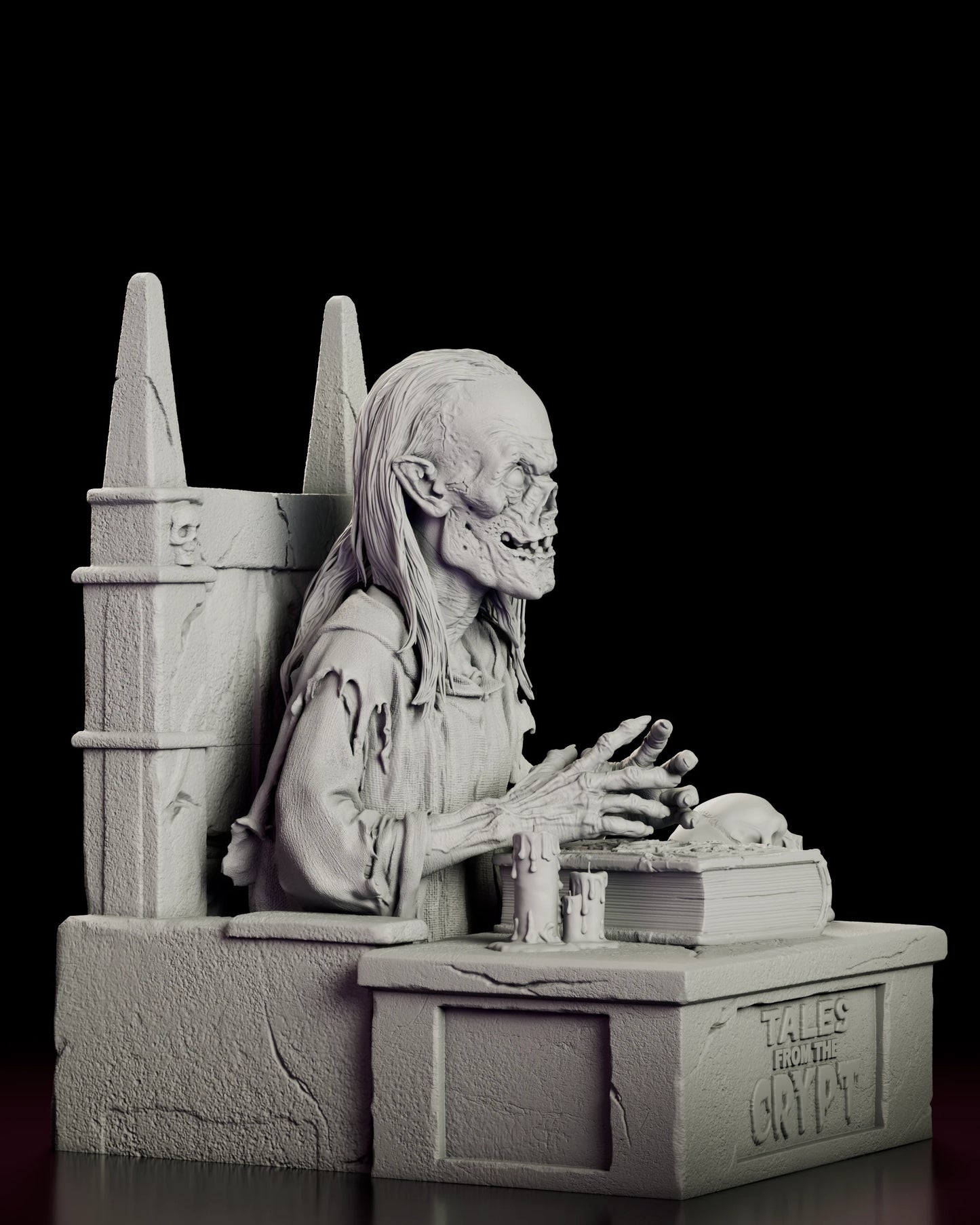 Right side view of the Crypt Keeper resin model showing the throne spire and the skull resting on the desk