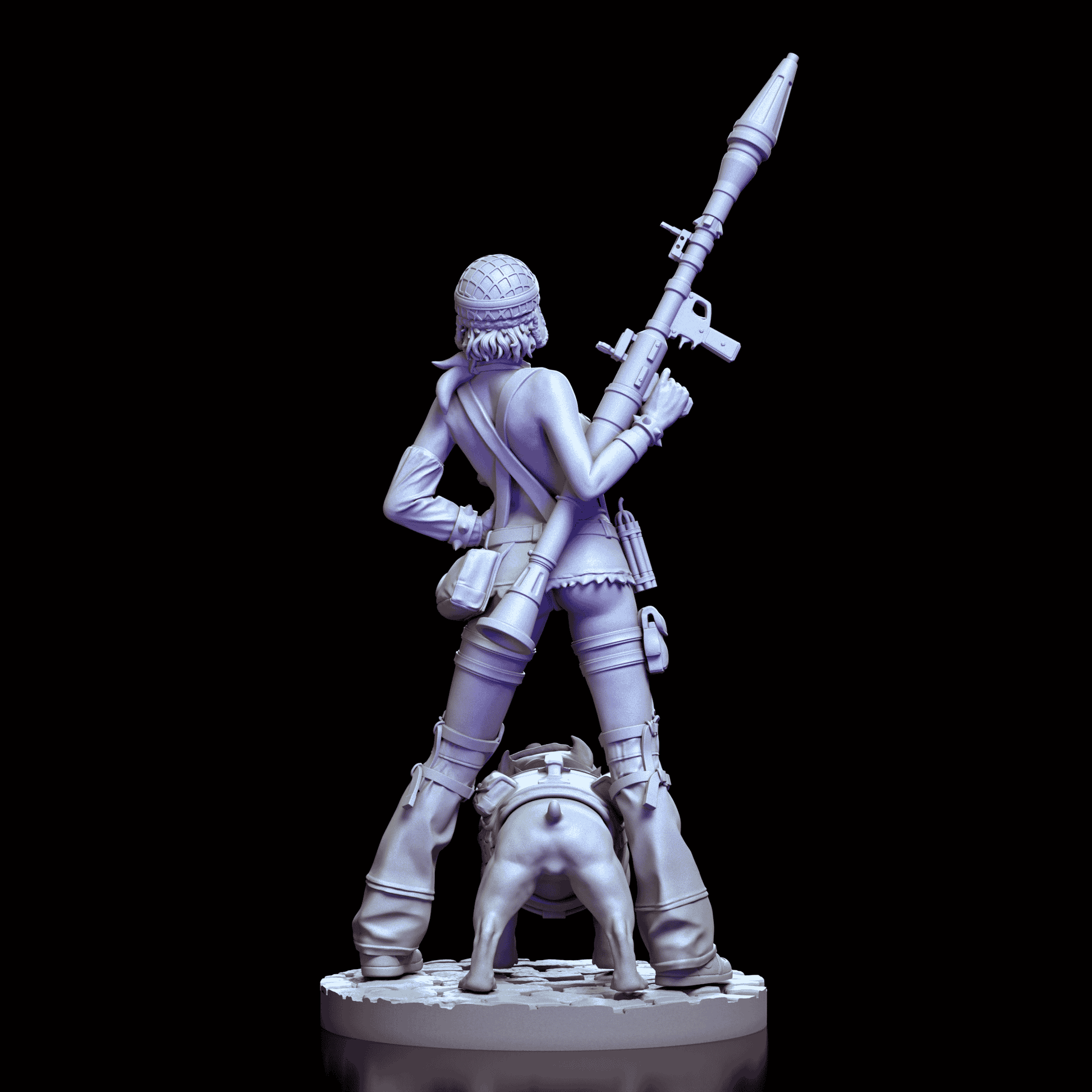 Rear view of Tank Girl figurine showing gear details, rocket launcher strap, and bulldog harness
