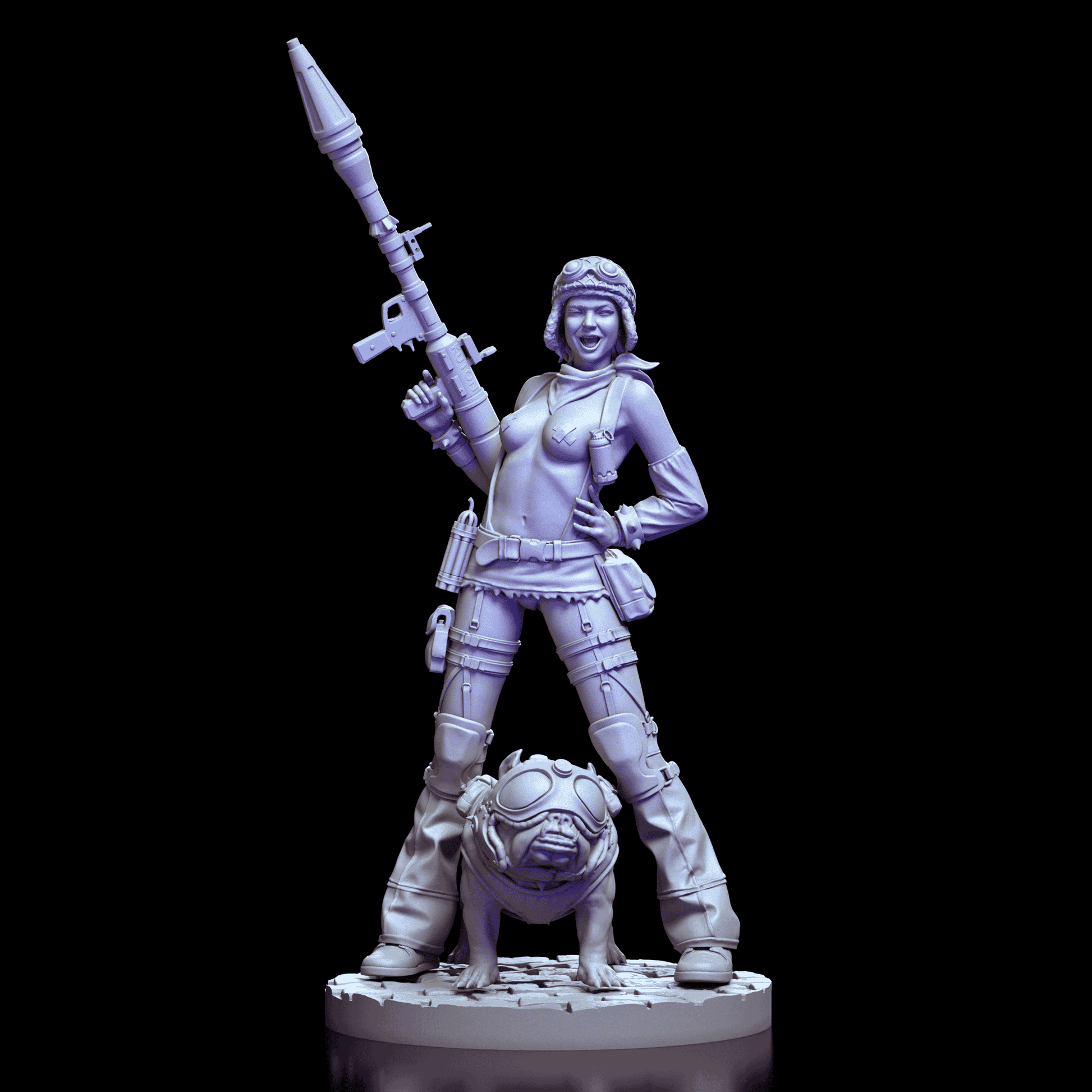 Front view of Tank Girl figure model kit standing confidently with rocket launcher and bulldog companion
