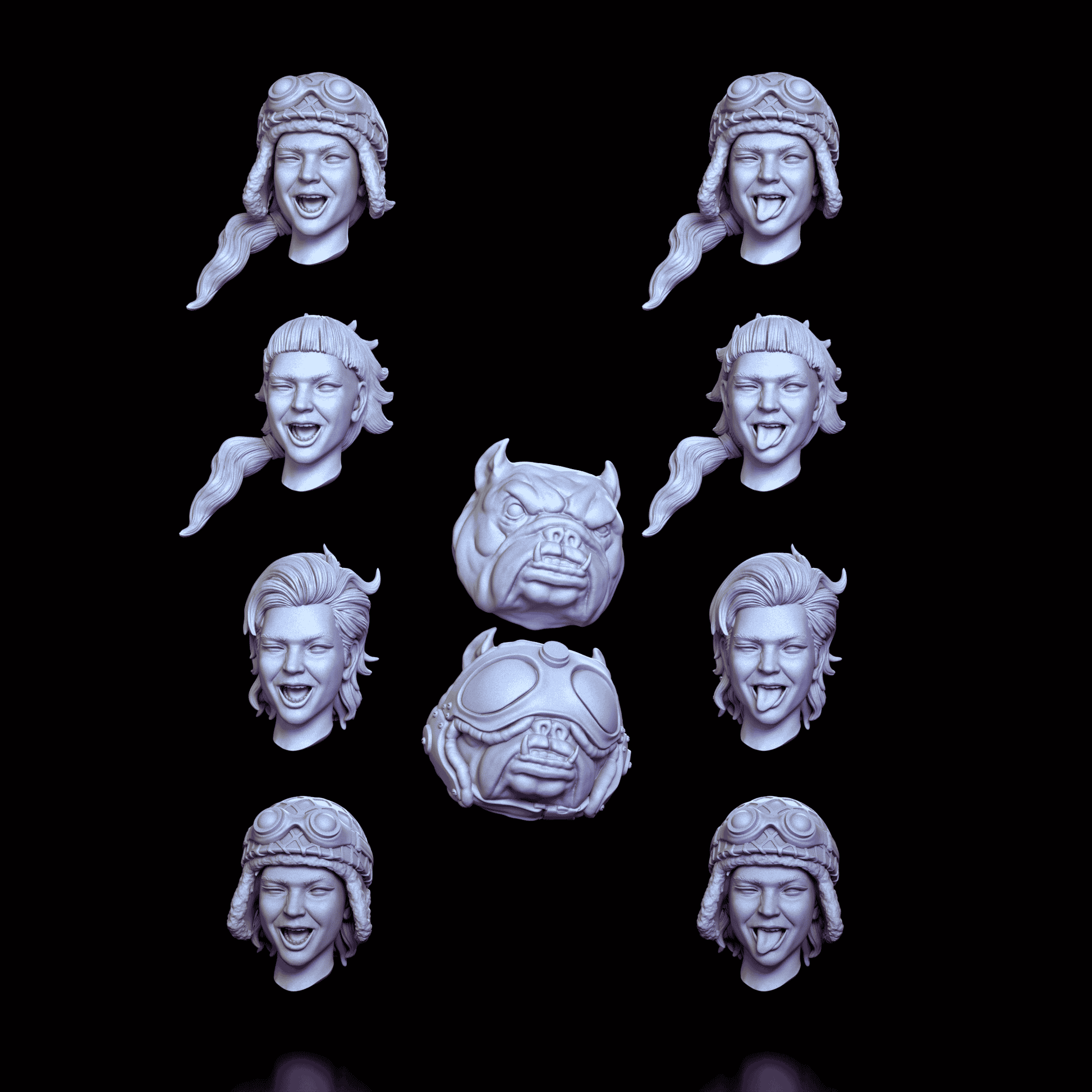 Collection of Tank Girl and bulldog companion alternate heads showcasing a variety of expressions and gear
