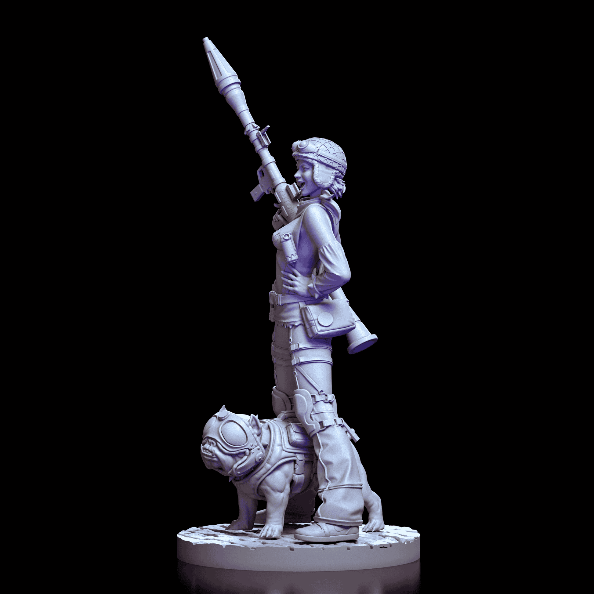 Left profile of Tank Girl figurine highlighting belt accessories, confident pose, and detailed base
