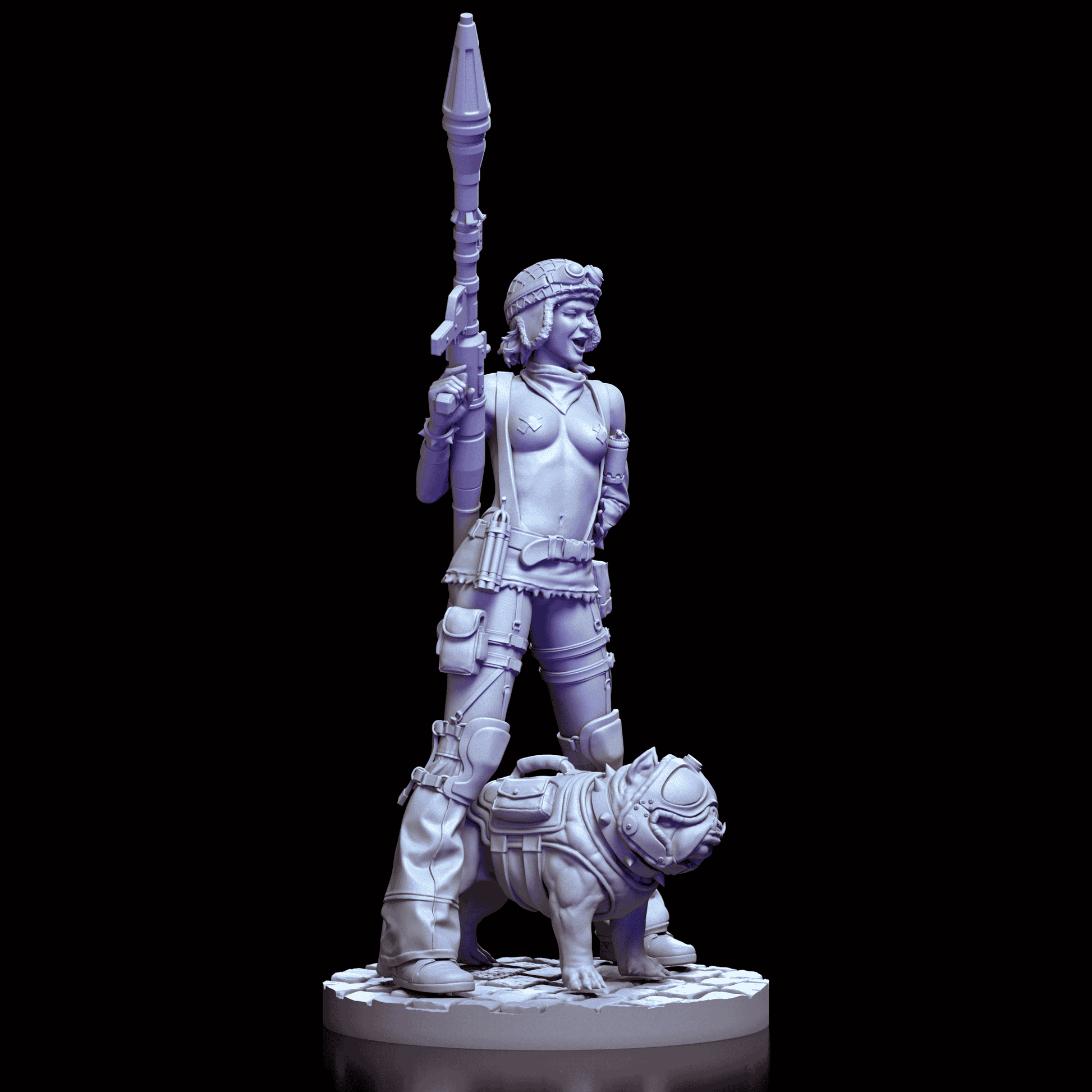 Right side view of Tank Girl model kit with rocket launcher raised and bulldog companion alert at her side
