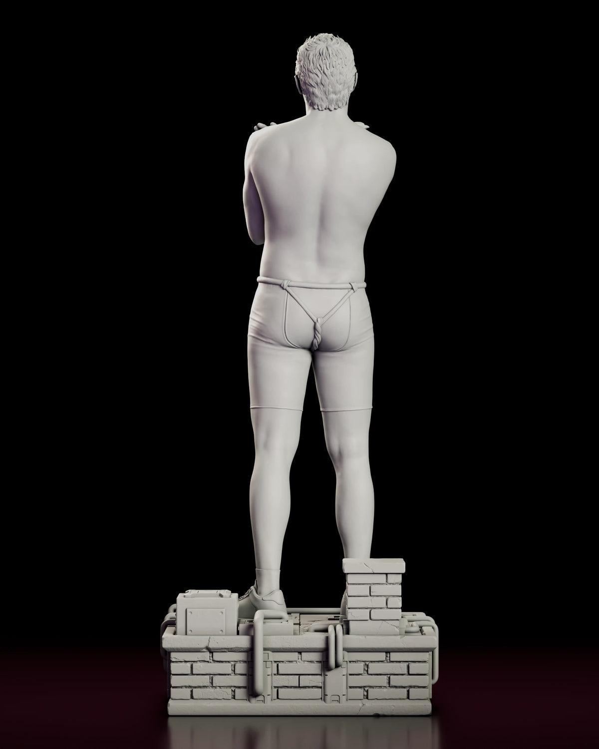 Back view of the Tears in the Rain Roy Batty figure model kit showing his bare back, cord-tied shorts and the rear of the rooftop base