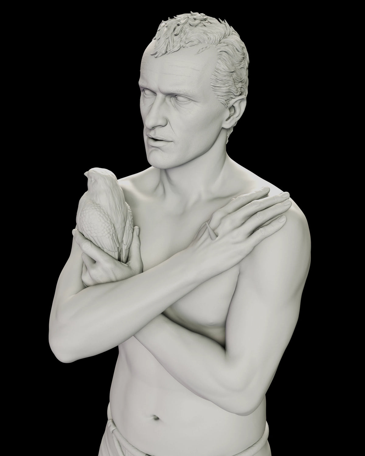 Close-up of the Tears in the Rain Roy Batty figure model kit showing the dove held against his chest and the nail through his hand resting on his shoulder
