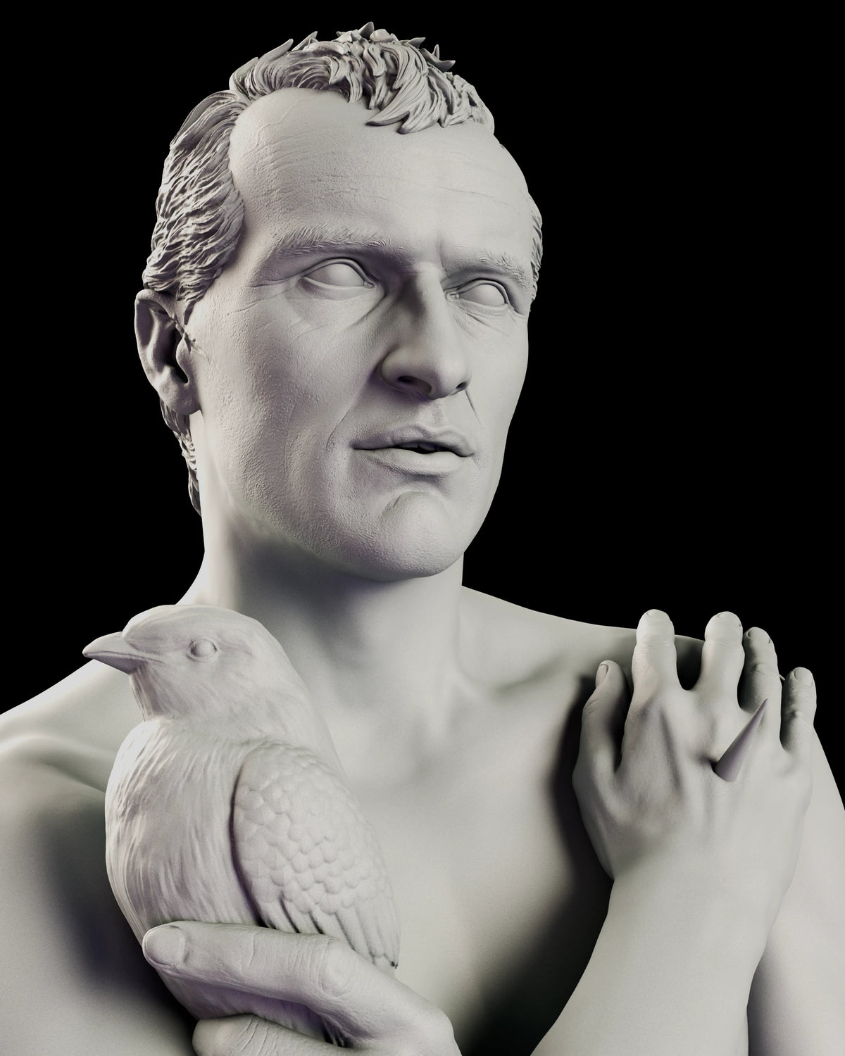 Portrait of the Tears in the Rain Roy Batty figure model kit showing his lined face, close-cropped hair, parted lips and the feathered dove beneath his chin