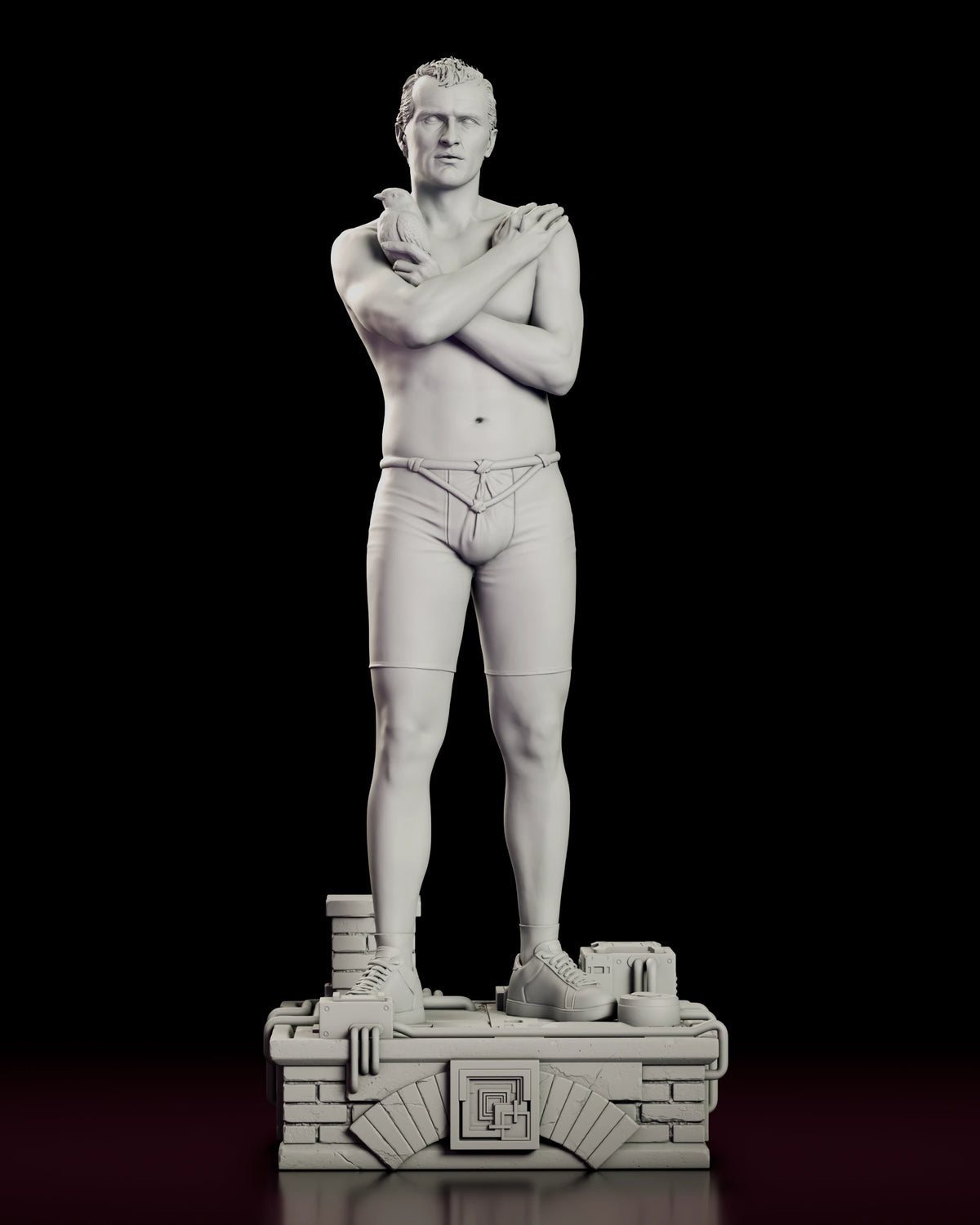 Front view of the Tears in the Rain Roy Batty figure model kit standing with arms folded around a dove on a brick rooftop base with an arched front panel