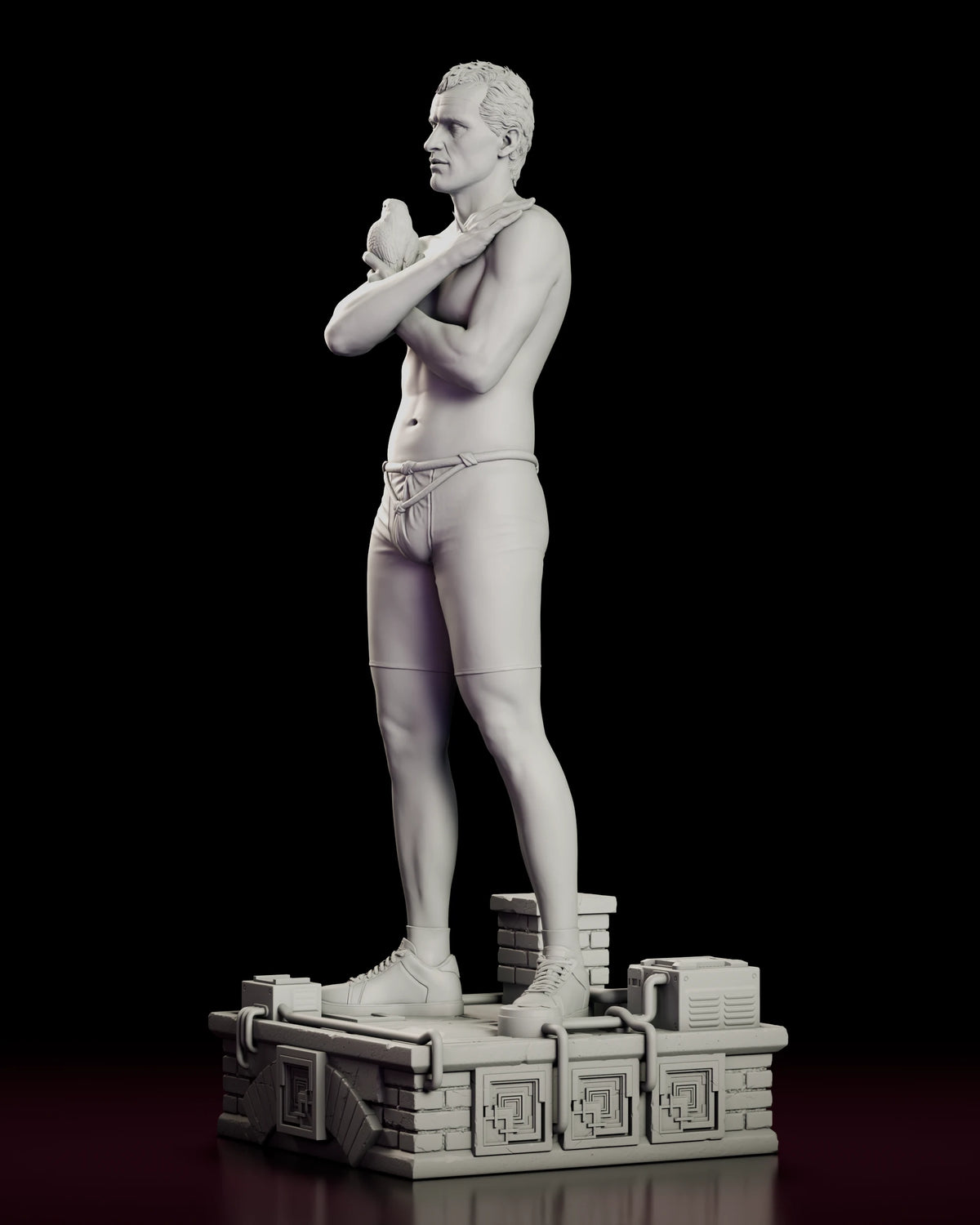 Left side view of the Tears in the Rain Roy Batty figure model kit showing his folded arms around the dove and the brick and conduit detail of the rooftop base