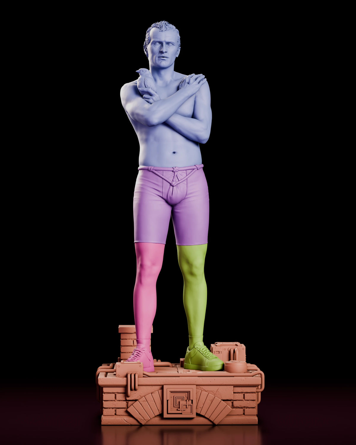 Parts breakdown of the Tears in the Rain Roy Batty figure model kit with the torso, shorts, each leg and the rooftop base shown as separate colour-coded pieces