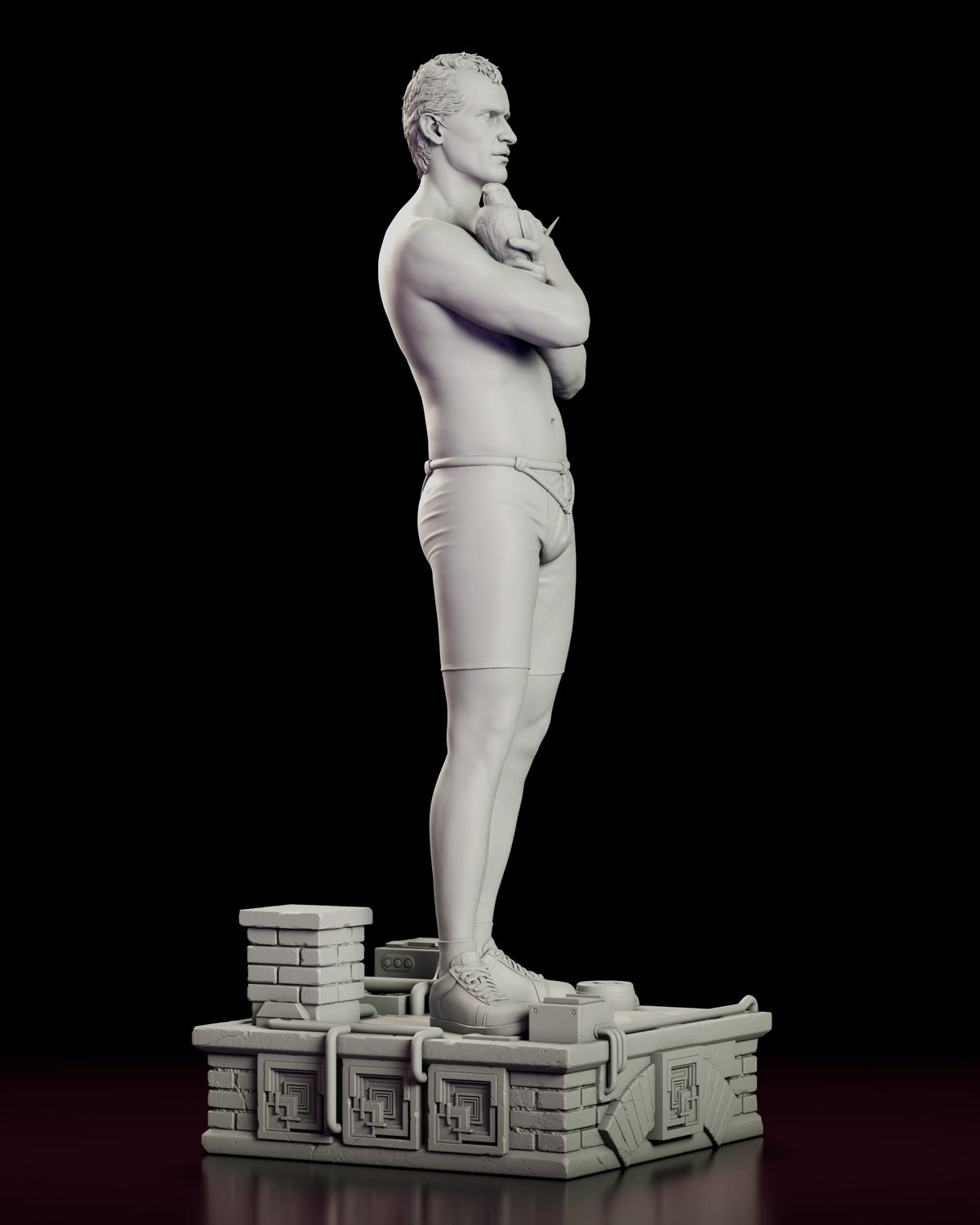 Right side view of the Tears in the Rain Roy Batty figure model kit showing his folded arms, cord-tied shorts and sneakers on the rooftop base